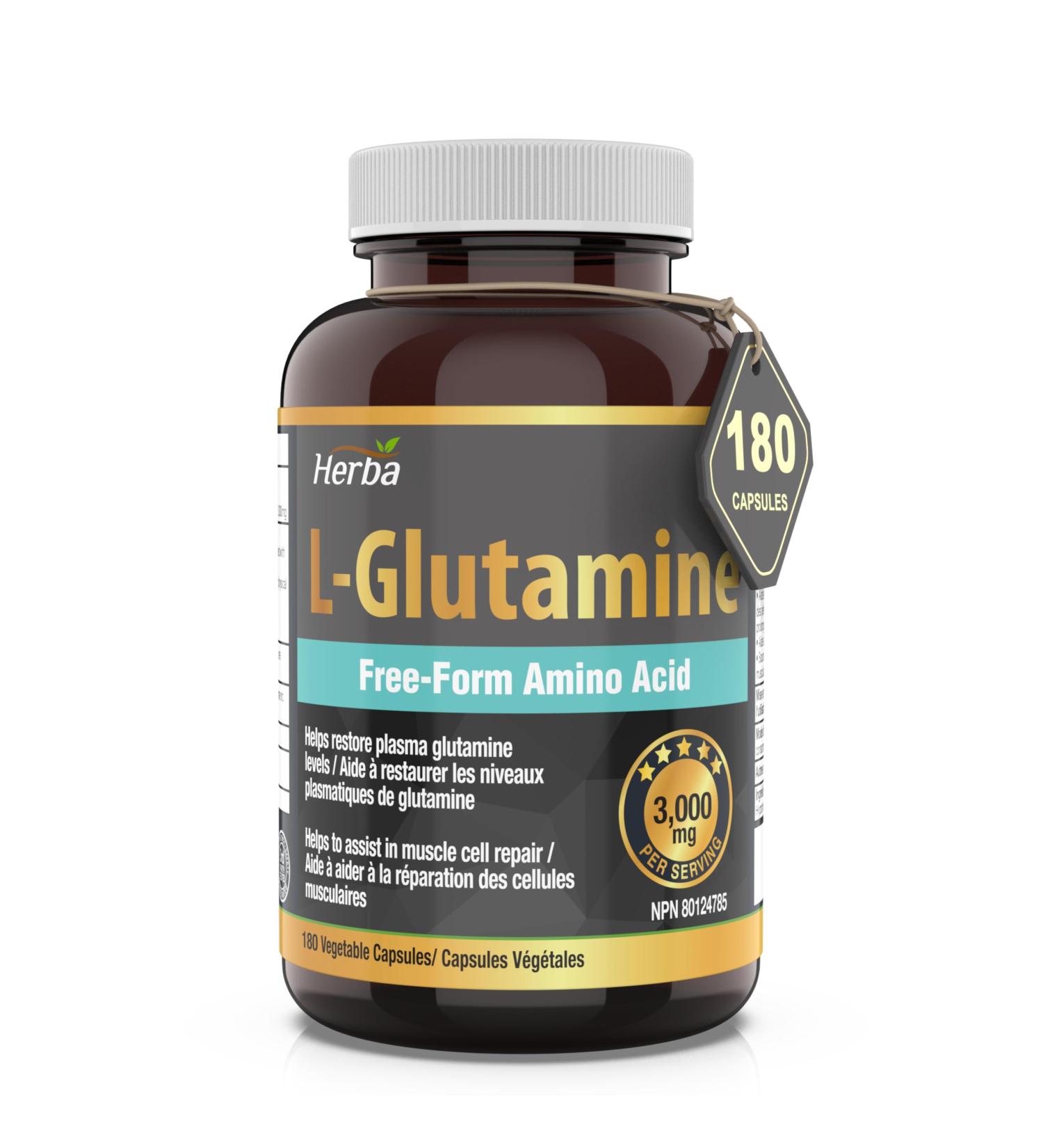 Herba L-Glutamine Capsules 750mg 180 Vegetable Capsules | 3 000mg Per Serving | Free Form L Glutamine Supplement | NPN from Health Canada | Made & 3rd Party Tested in Canada - Buy Online on SooperMarket.com