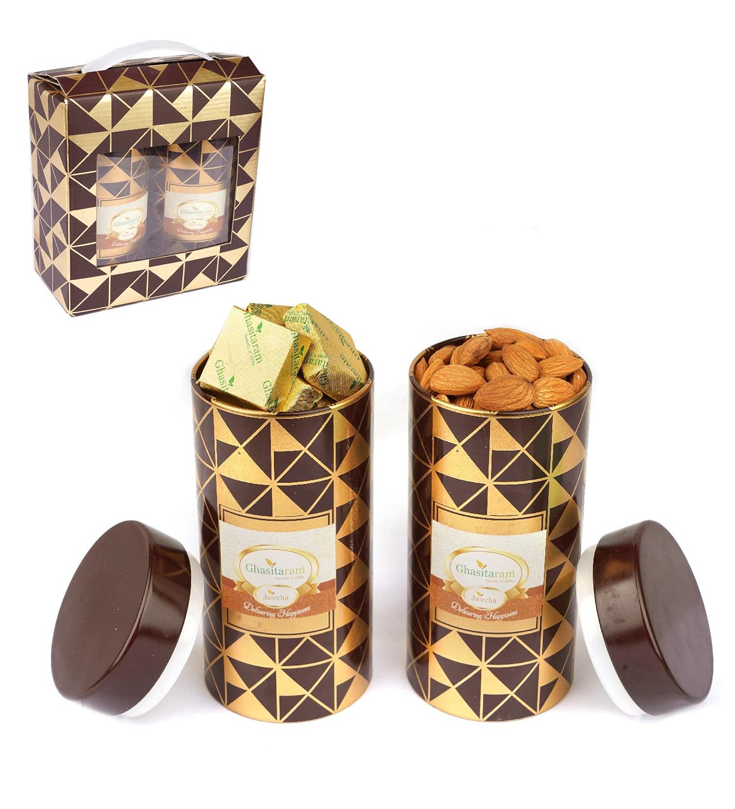 Jaiccha Ghasitaram Dryfruits Hamper-Box 2 Tin Jars of Almonds and MEWA Bites |Gift for Diwali Holi Rakhi Valentine Christmas Birthday Anniversary Her Him| - Buy Online on SooperMarket.com