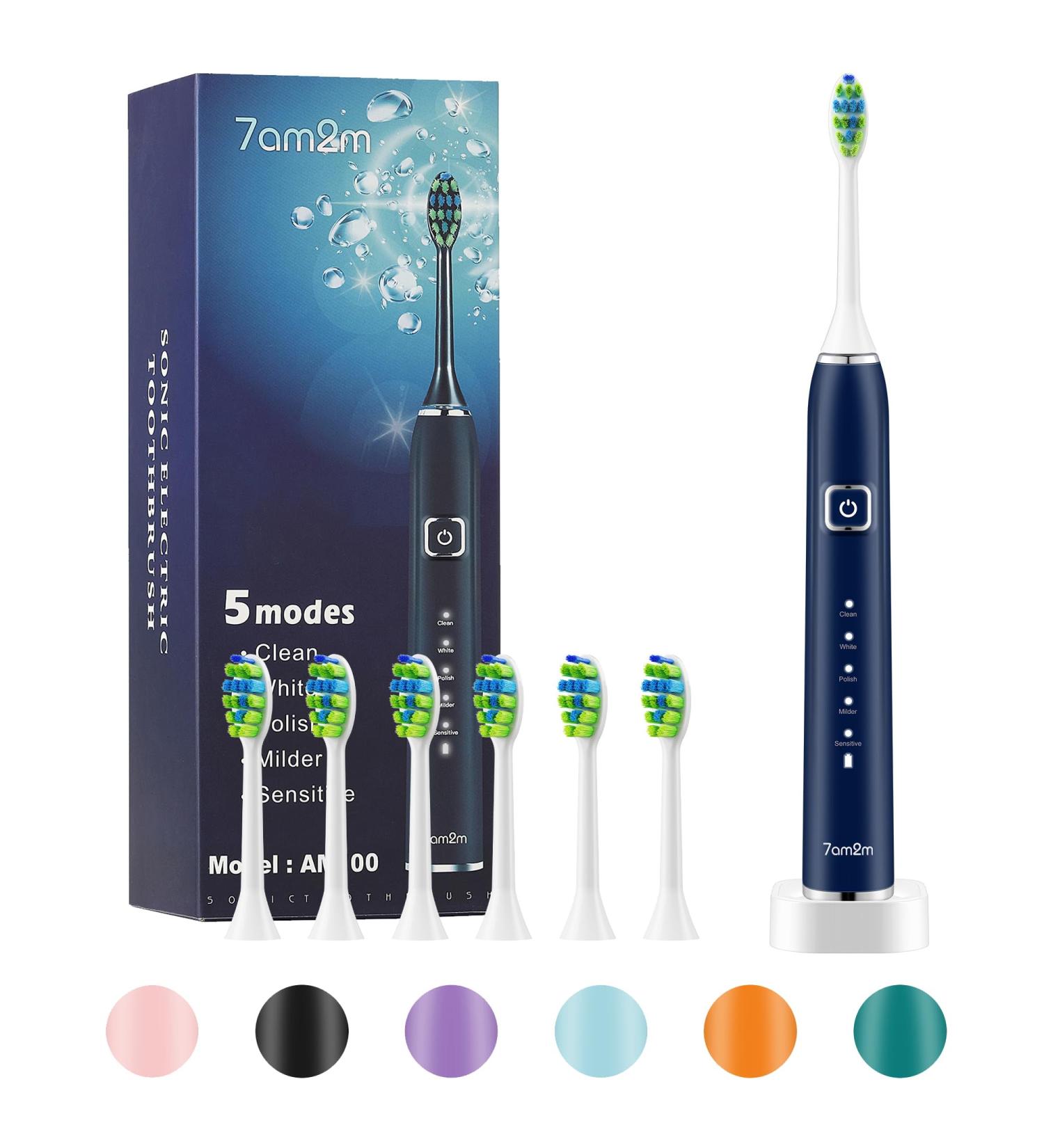 7AM2M Sonic Electric Toothbrush with 6 Brush Heads for Kids and Children One Charge for 90 Days Wireless Fast Charge 5 Modes with 2 Minutes Build in Smart Timer Electric Toothbrushes(Navy Blue) - Buy Online on SooperMarket.com