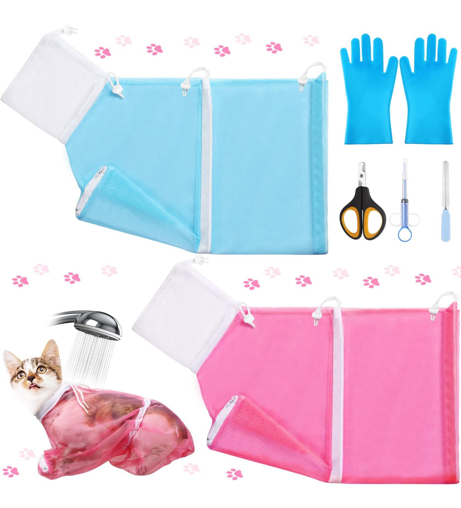 7-Piece Cat Bathing Bag Set with Grooming Glove, Nail Clipper, Feeder - Bright Colors - Buy Online on SooperMarket.com