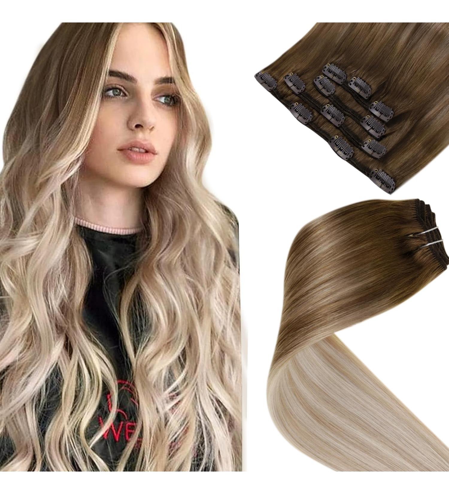 LAAVOO Ombre Balayage Clip-In Hair Extensions 40cm Real Hair Light Brown to Dark Ash Blonde & Platinum Blonde 70g/5pcs Remy Quality - Buy Online on SooperMarket.com