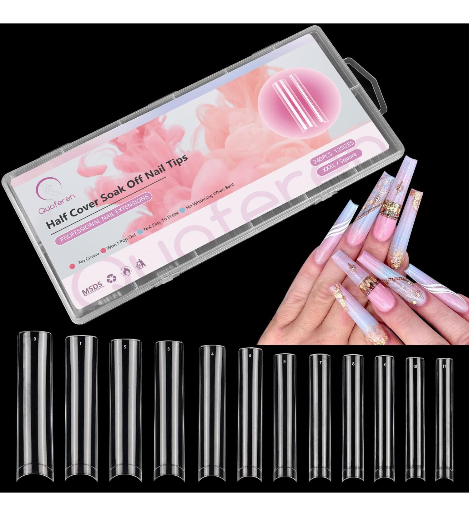240Pcs XXXL Clear No C Curve Acrylic Nail Tips - Extra Long Tapered Square Straight Half Cover French Nail Extension False Nails for Manicure Nail Art - 12 Sizes - Buy Online on SooperMarket.com