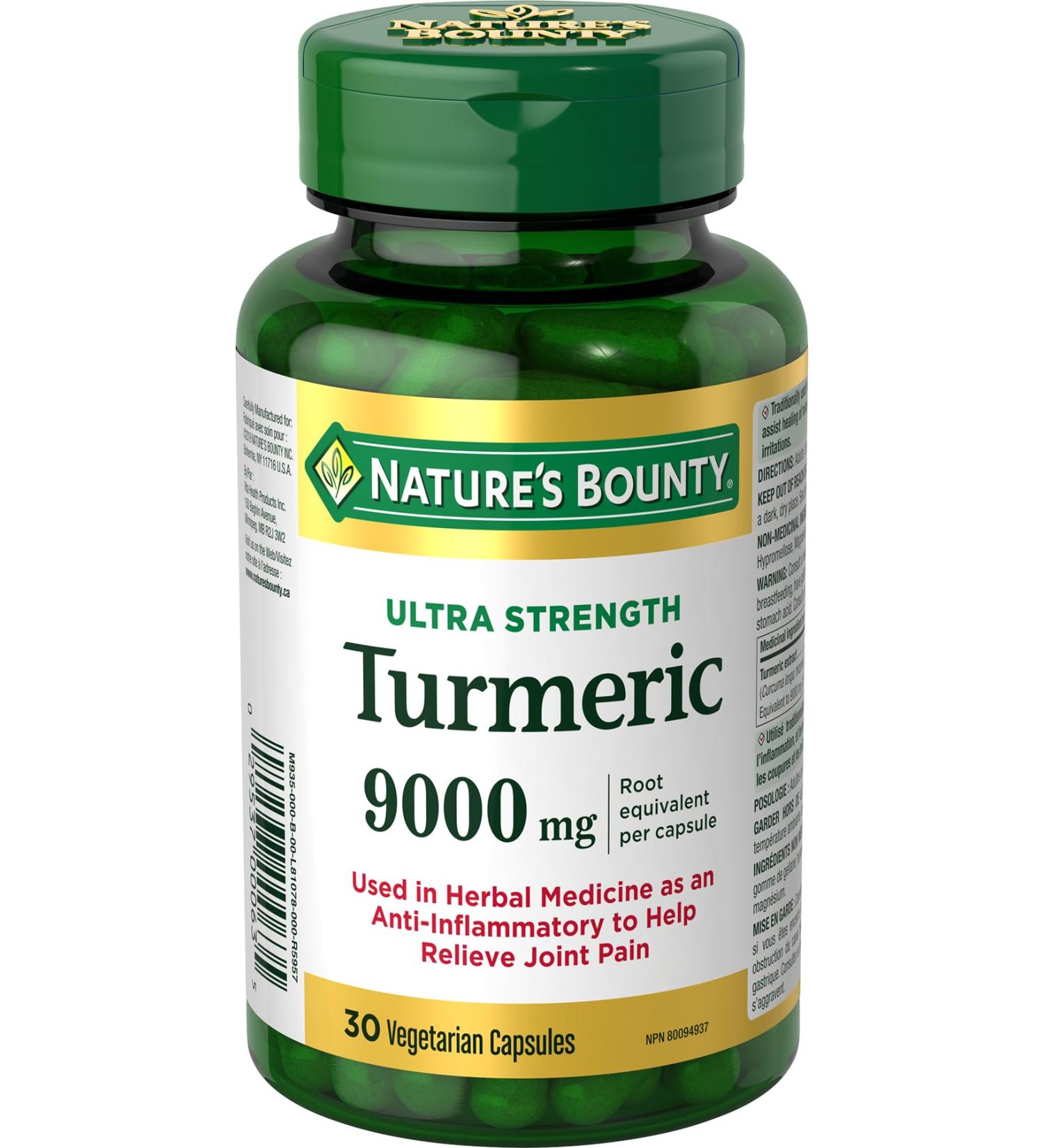 Nature's Bounty Ultra Strength Vegetarian Turmeric 9000mg Herbal Health Supplement Anti-inflammatory to Help Relieve Joint Pain 30 Capsules - Buy Online on SooperMarket.com
