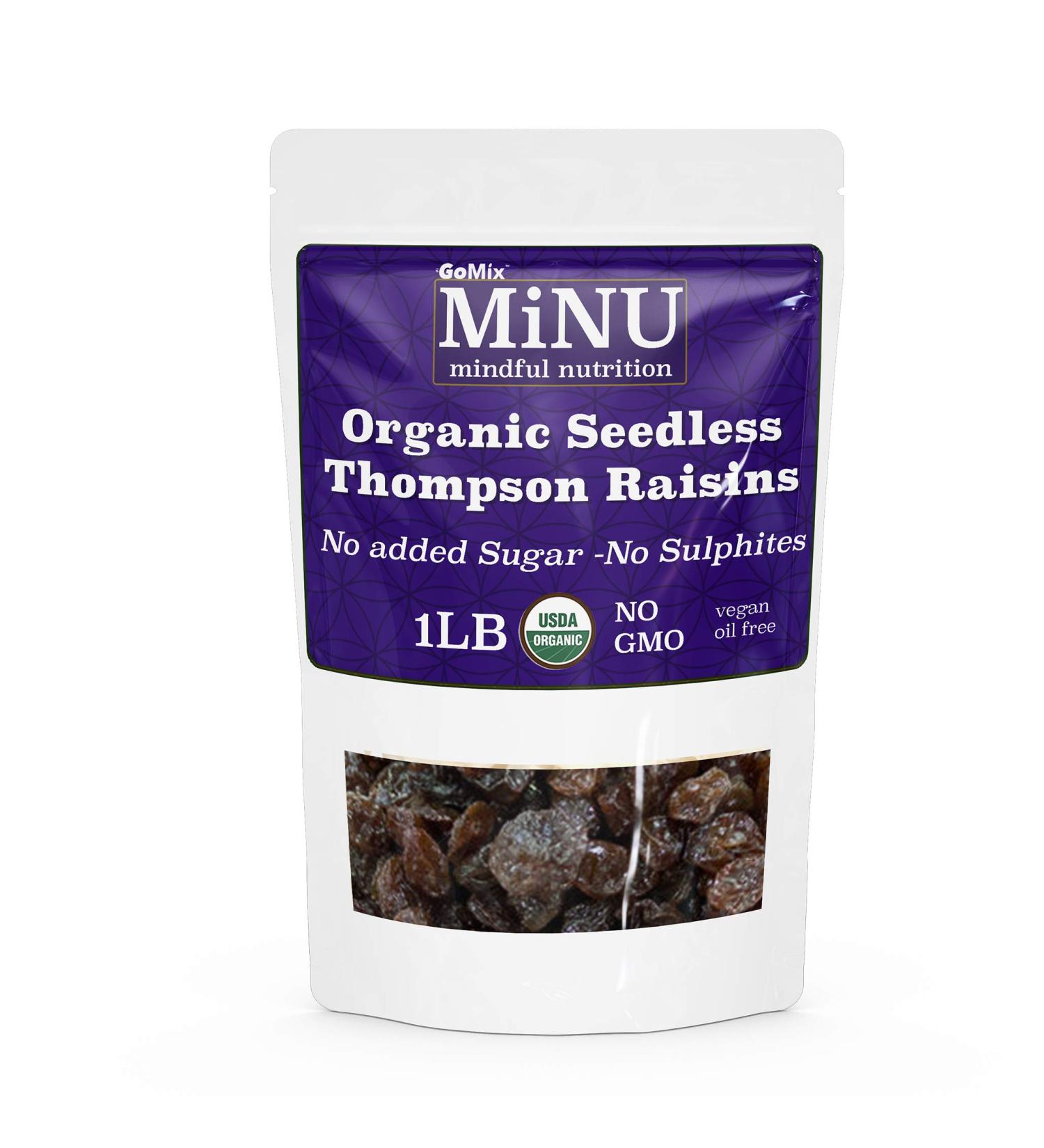 MiNU Organic Thompson Raisins 16 oz - Unsweetened, No Sulphur, Paleo & Vegan Superfood - Non-GMO & Gluten Free - Buy Online on SooperMarket.com