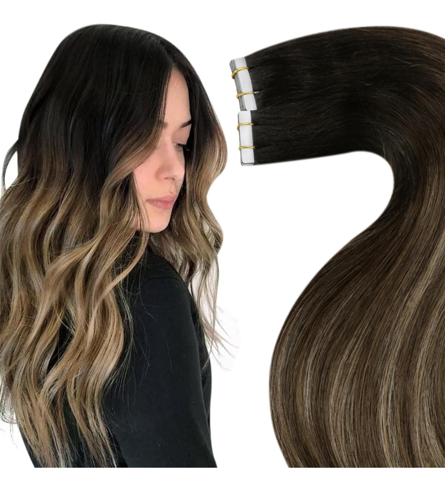 LAAVOO Real Hair Tape In Extensions - Balayage Brown & Black Ombre 50g 20pcs - Premium Quality Invisible Tape Extensions - Buy Online on SooperMarket.com