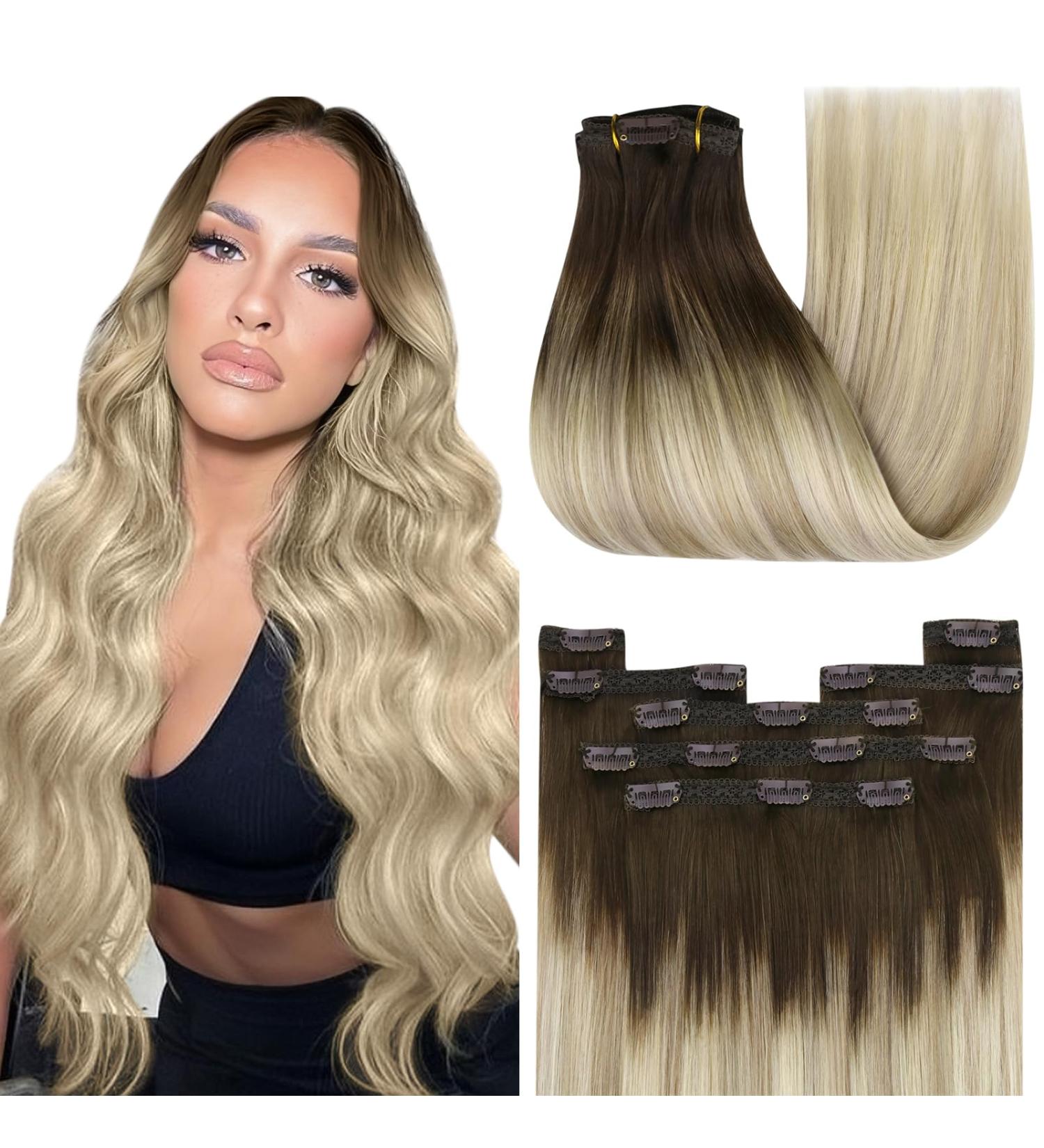 Youngsee Real Hair Balayage Clip-In Extensions - 40cm Dark Brown & Blonde 120g (7PCS) - Perfect for Volume & Length - Buy Online on SooperMarket.com