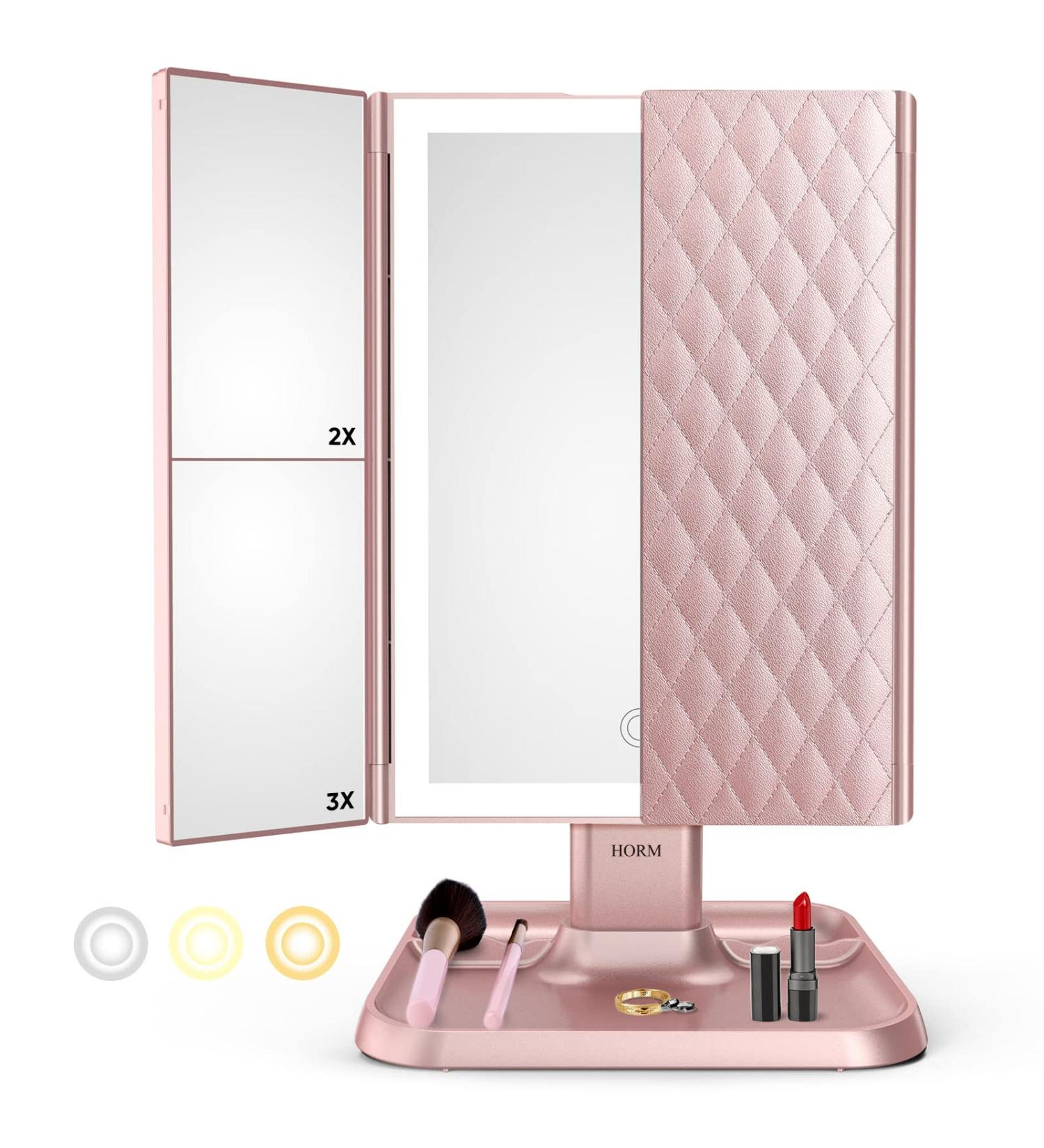 Trifold Makeup Mirror with Lights - 3 Color Modes, 72 LED Vanity Mirror, 1x/2x/3x Magnification, Touch Control, Portable High Definition Cosmetic Mirror - Pale Pink - Buy Online on SooperMarket.com