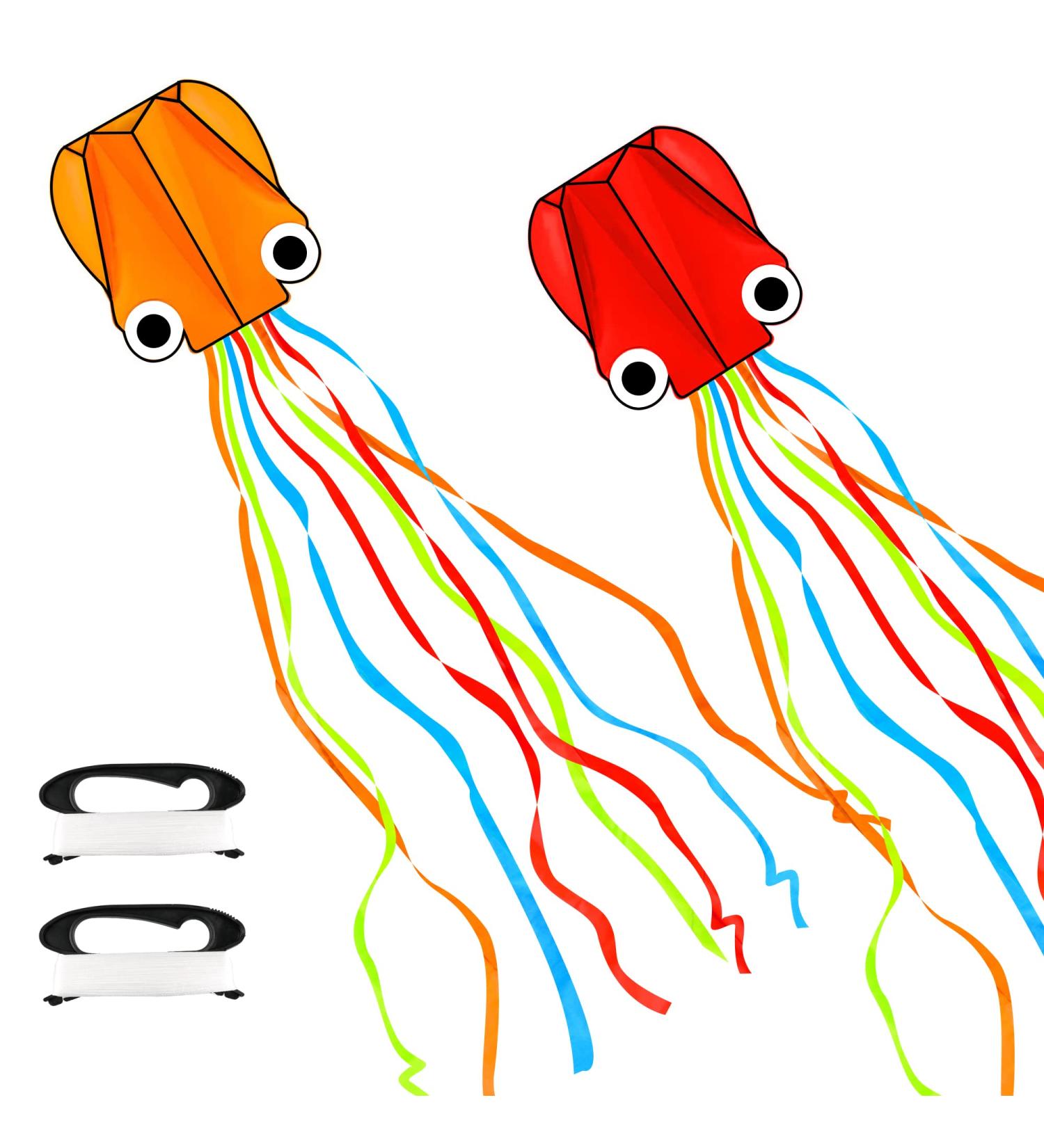 YSBER 2 Pack Large Octopus Kites - 3.8ftx2.3ft 3D Mollusc Octopus Kite with 157 Inch Colorful Tail - Easy Flyer Kite for Children and Adults - Outdoor Beach Park Kite in Red+Orange - Buy Online on SooperMarket.com