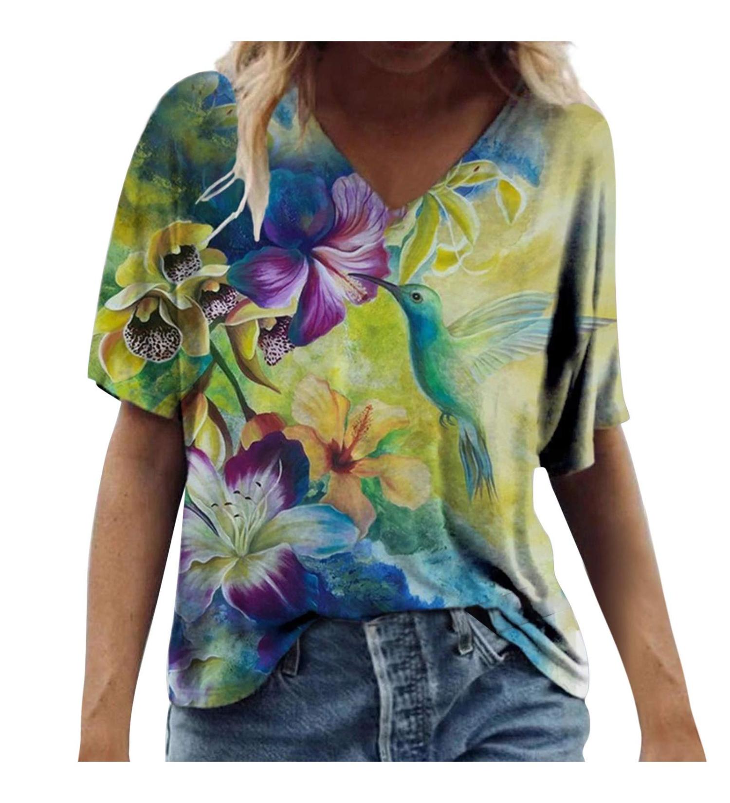 Women's Plus Size Floral Print V-Neck Tunic Top - Green XL | Short Sleeve Casual Loose Tee - Buy Online on SooperMarket.com