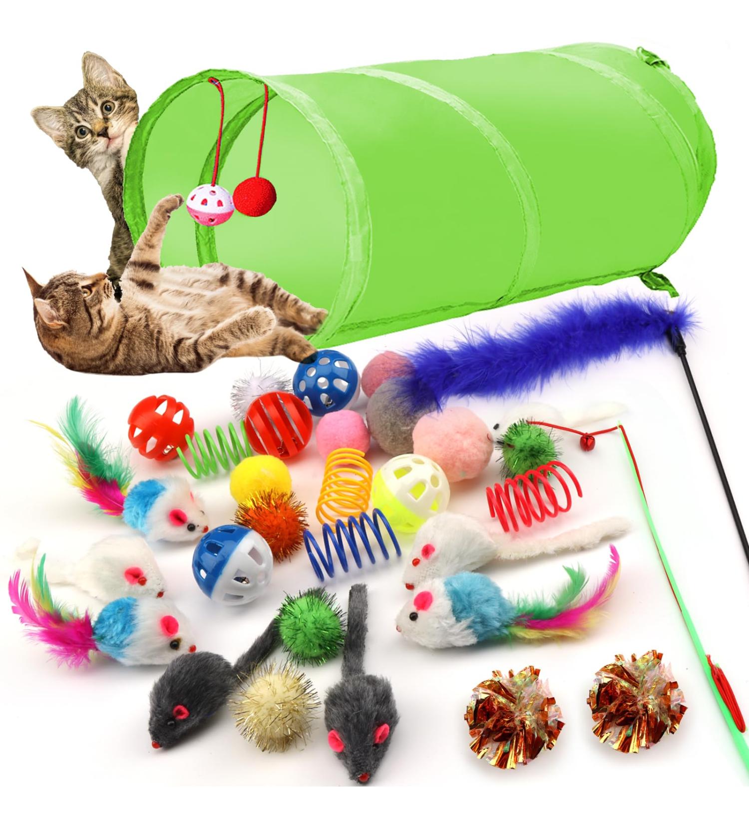 QUOZUO 31 pcs Cat Toys Variety Pack for Kitty 2 Way Tunnel Cat Feather Teaser Cat mouse Toy Cat Crinkle Balls Cat Balls with Bell Catnip Toys for Indoor Cats Kittens Toys - Buy Online on SooperMarket.com