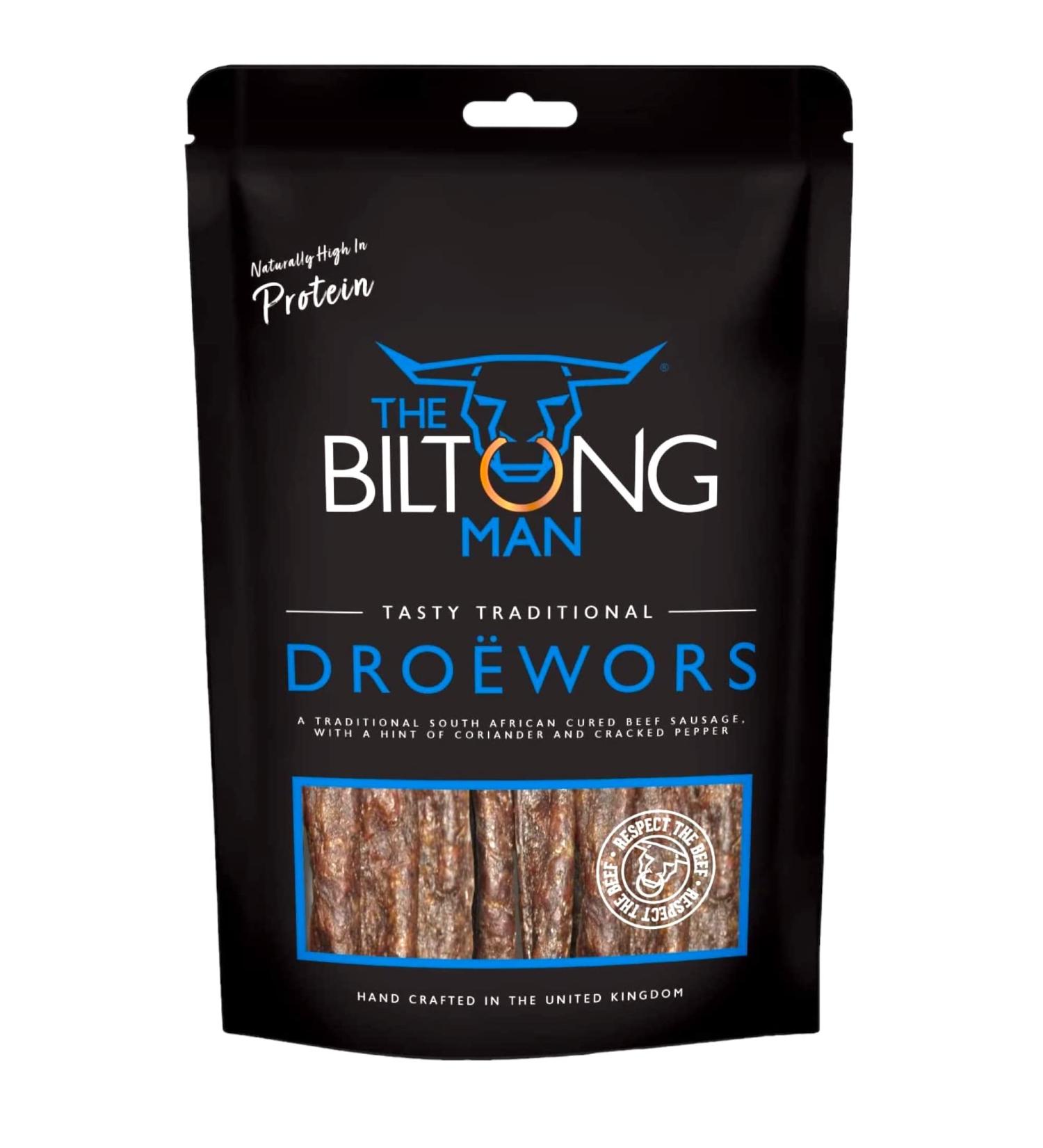 The Biltong Man Droewors Sticks | High Protein Beef Snack | Keto-friendly South African Dried Sausage 250g - Buy Online on SooperMarket.com
