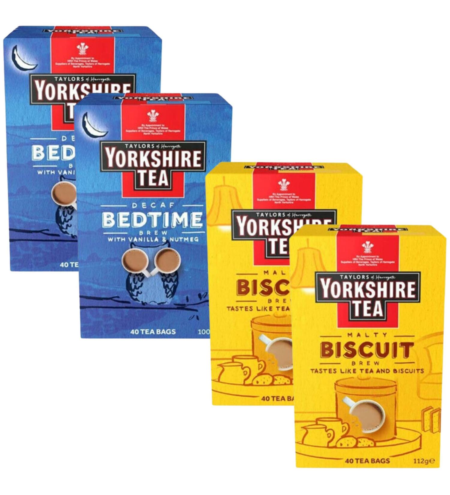 Tea Variety Bundle Containing Yorkshire Tea Decaf Bedtime Brew 40 Tea Bags 2pk Yorkshire Tea Malty Biscuit 40 Tea Bags 2pk (4 Pack) - Buy Online on SooperMarket.com