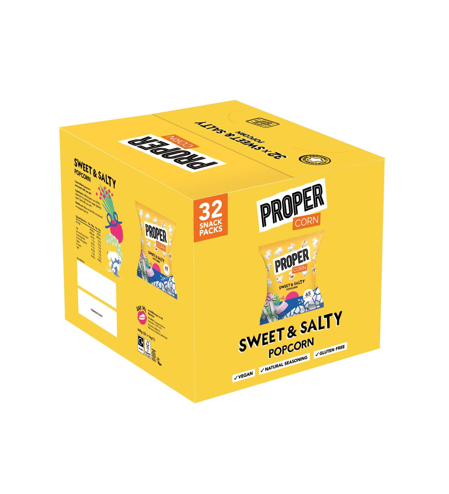 PROPERCORN Sweet & Salty Popcorn Natural Sea Salt and Demerara Sugar Seasoning Vegetarian Gluten-Free Hand-Popped Corn 65 kcal 14g Box of 32 - Buy Online on SooperMarket.com
