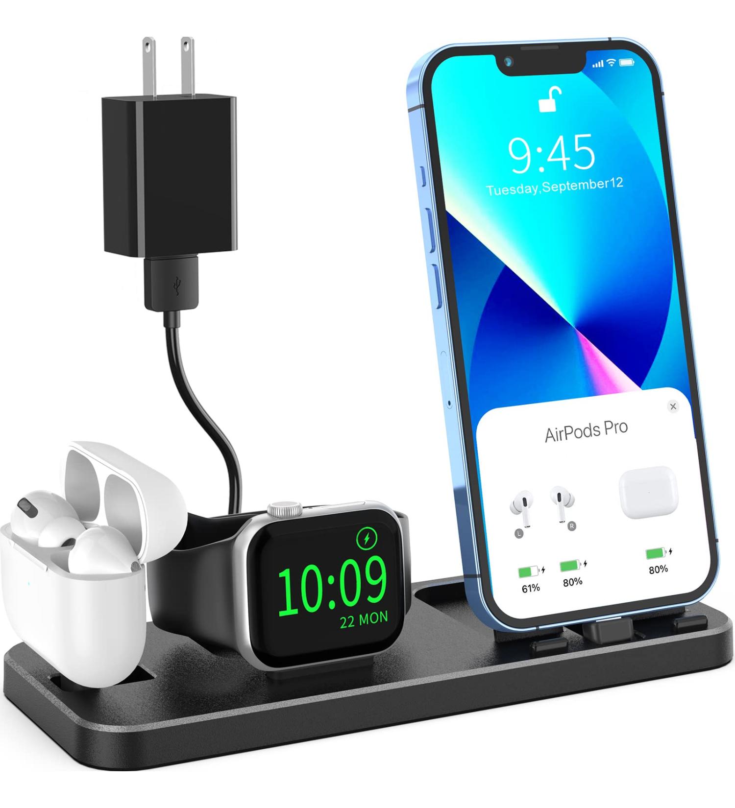 GLANA 3-in-1 Portable Charging Station for Apple Devices - Foldable Charger Stand for iWatch and iPhone AirPods Pro - Black - Buy Online on SooperMarket.com
