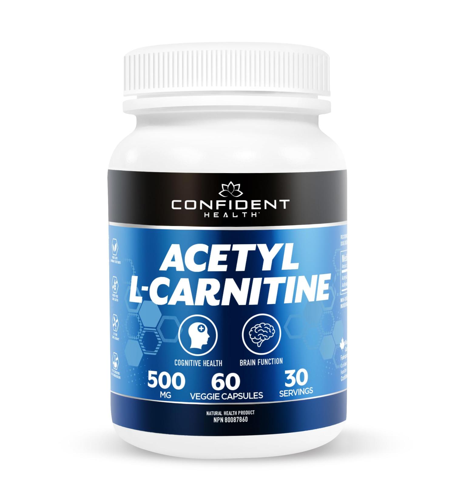 CONFIDENT HEALTH - Acetyl L-Carnitine 500mg - Premium Brain and Energy Support Supplement 60 Veggie Capsules Gluten Free 30 Servings One Month Supply - Buy Online on SooperMarket.com