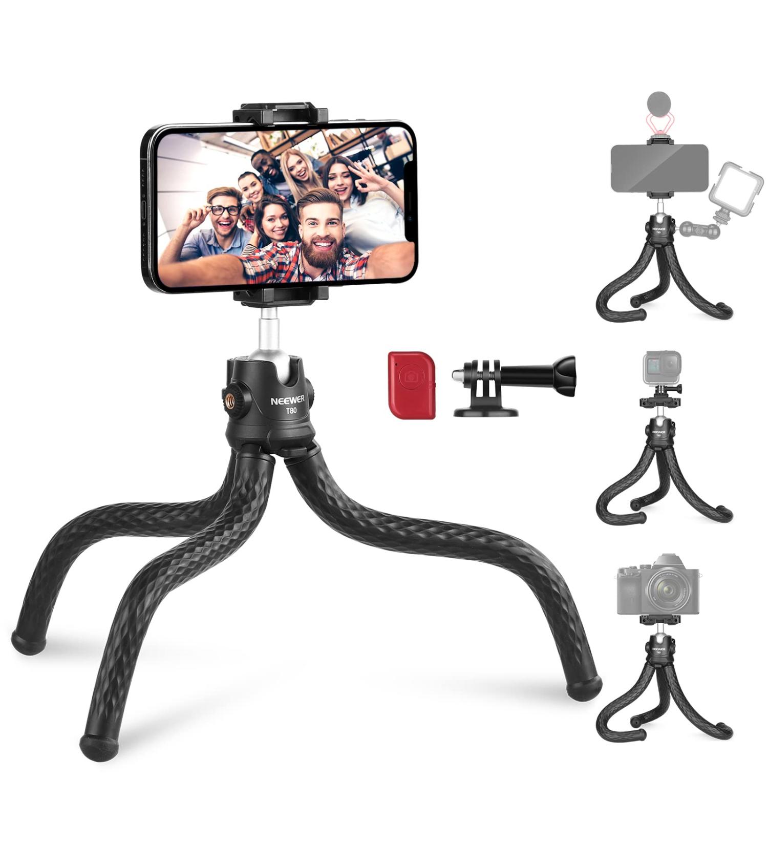 NEEWER T80 Phone Tripod Stand with Remote, Action Camera Mount & Phone Clip - Compatible with GoPro, iPhone, LED Light - Max Load 4.4lb - Buy Online on SooperMarket.com