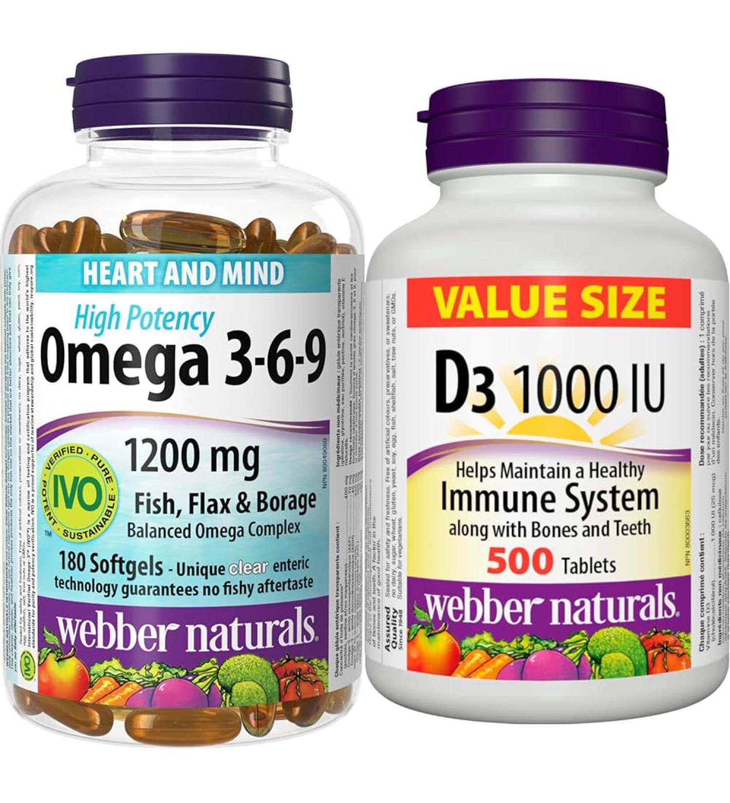 Webber Naturals Omega 3-6-9 Fish Oil 1 200 mg + Vitamin D3 1000 IU Bundle - Buy Online on SooperMarket.com