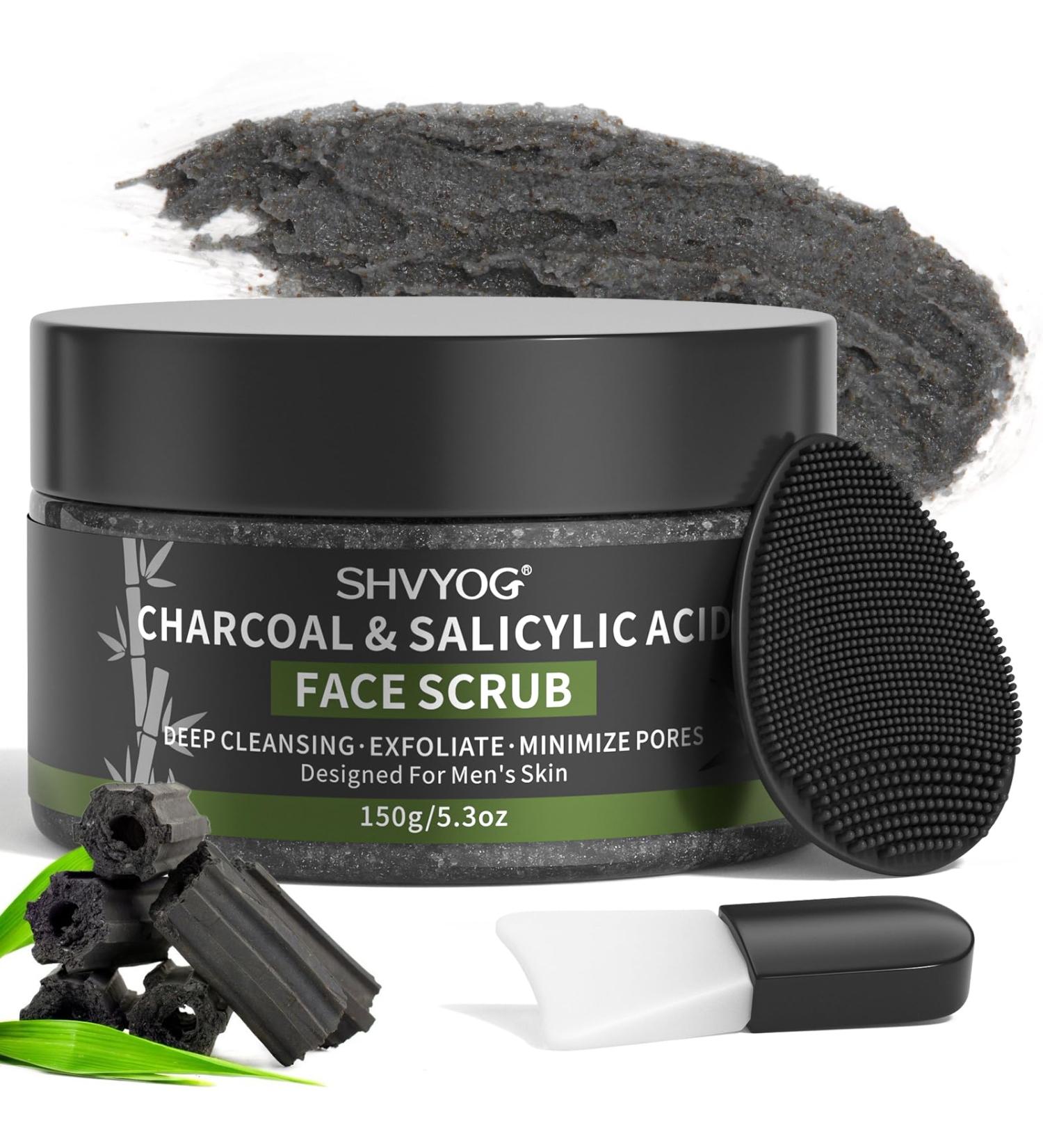 Men's Face Scrub Bamboo Charcoal Salicylic Acid Face Exfoliant Facial Peeling Improves Blackheads Acne Clogged Pores Cleansing Oil Control Pre-shave Care for Men with Facial Cleansing Brush - Buy Online on SooperMarket.com