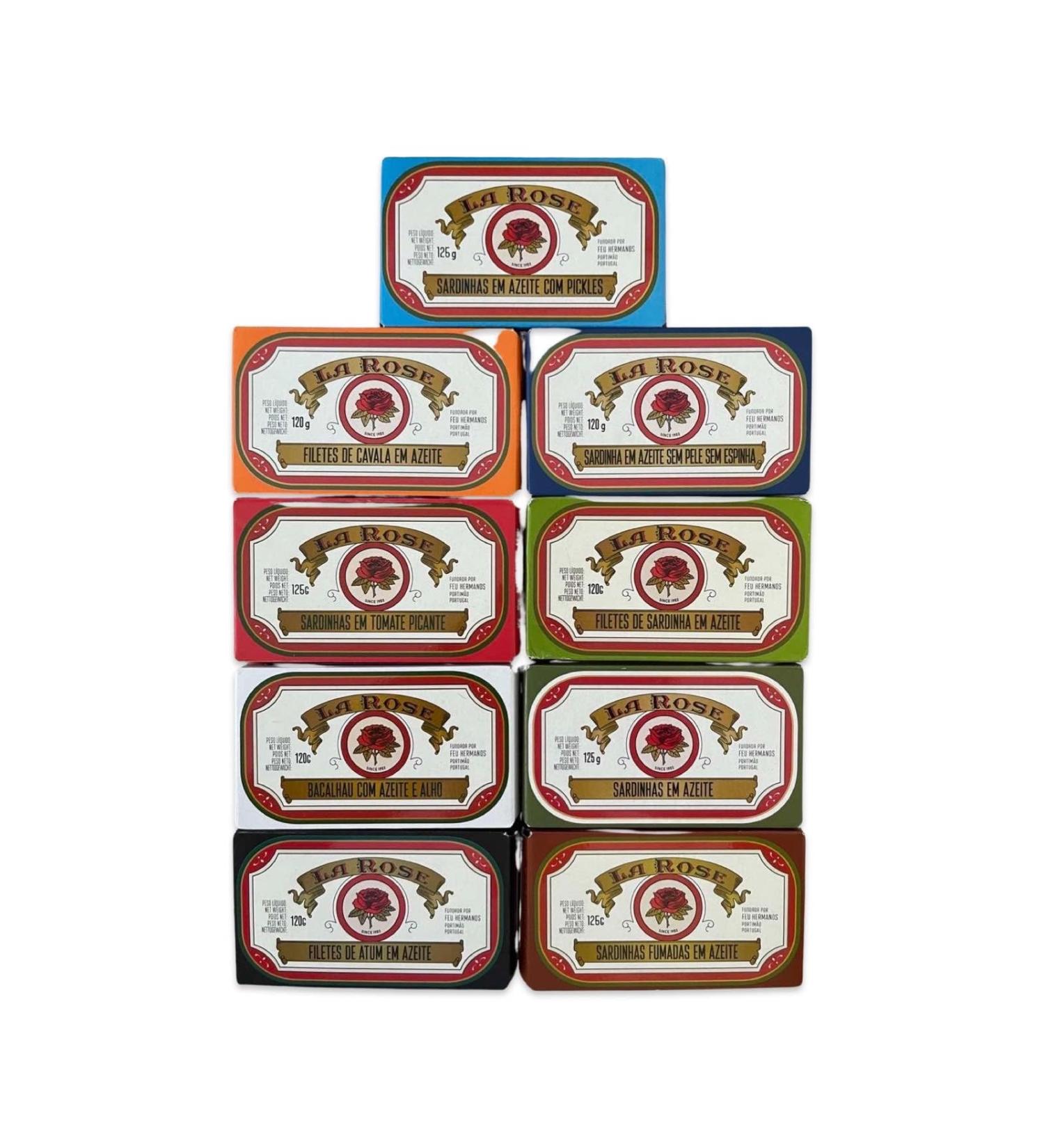 La Rose Portuguese Canning Set - 9 Types - Sardines - Tuna Fillets - Mackerel - Cod - Portugal
