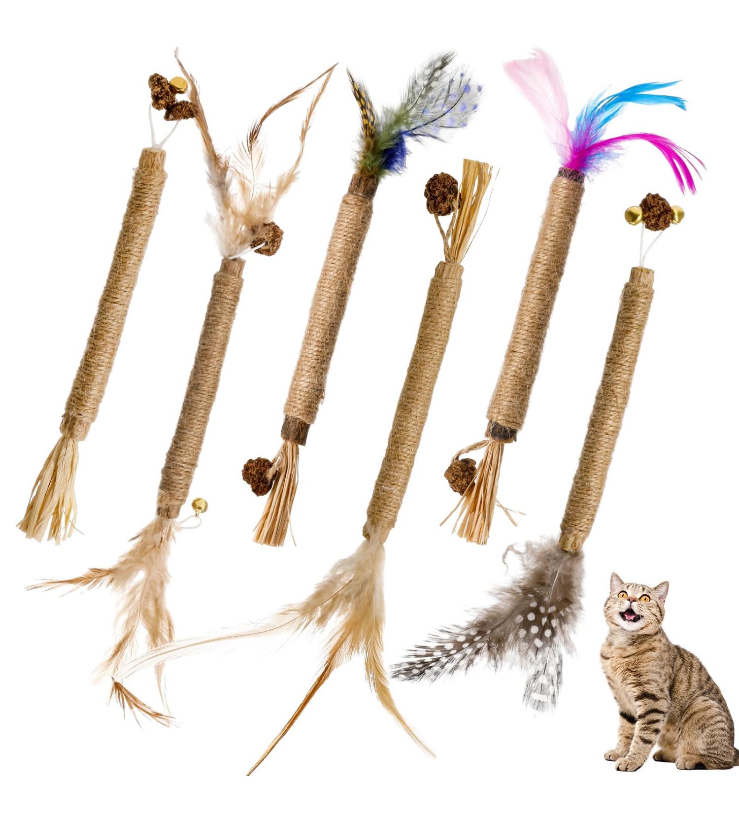 Zuimei 6 Pack Silvervine Chew Sticks Kitten Teething Toys Natural Cat Teeth Nip Cleaning Teeth Chew Catnip Toys with Bells and Feathers for Cat Teeth Cleaning Kitten Teething and Stress Release - Buy Online on SooperMarket.com