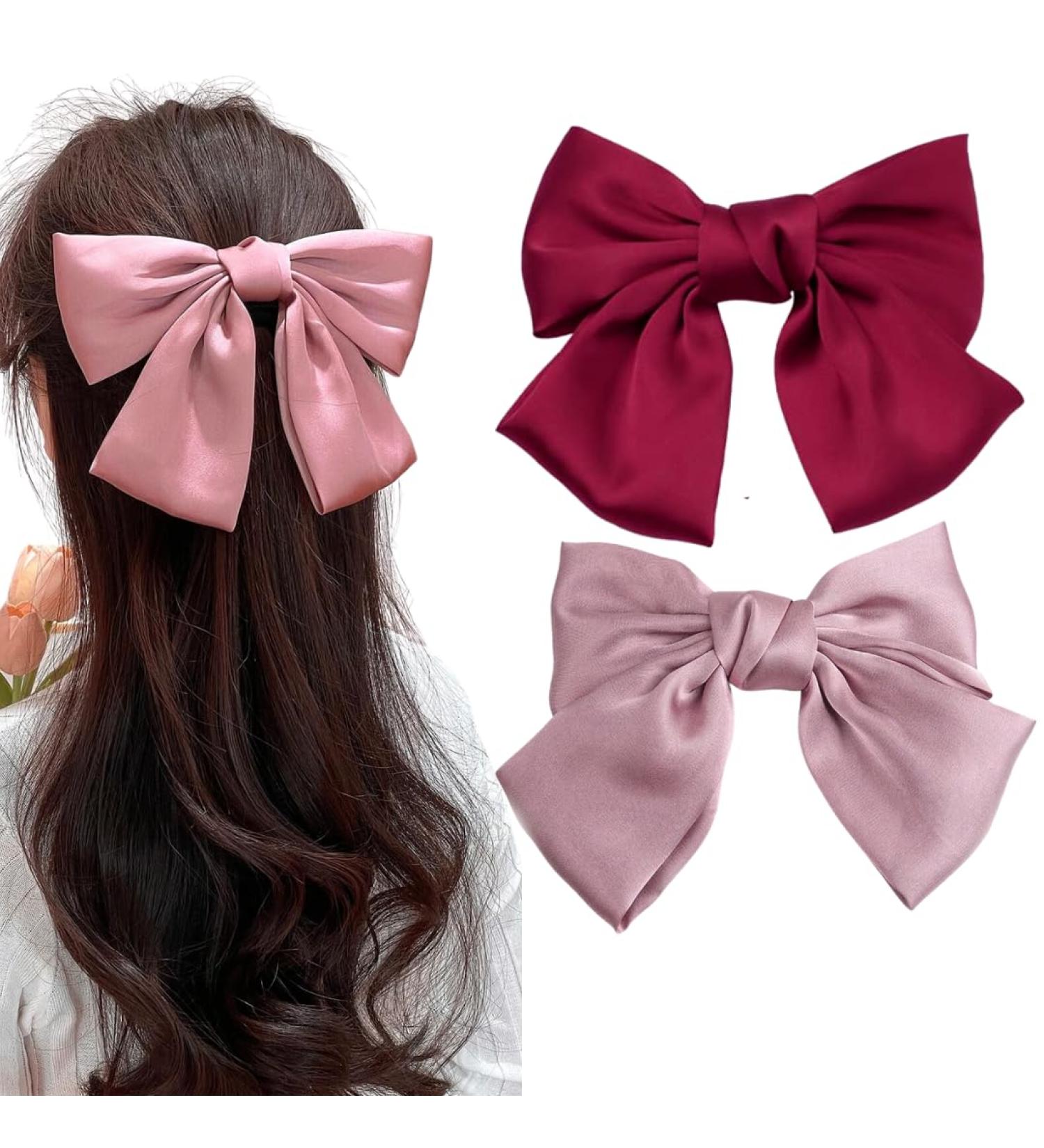2PCS Silky Satin Hair Bows Hair Clip Black Hair Ribbon Ponytail Holder Accessories Slides Metal Clips Hair Bow for Women Girls Toddlers Teens Kids (Bow Clip-Pink/Red) - Buy Online on SooperMarket.com