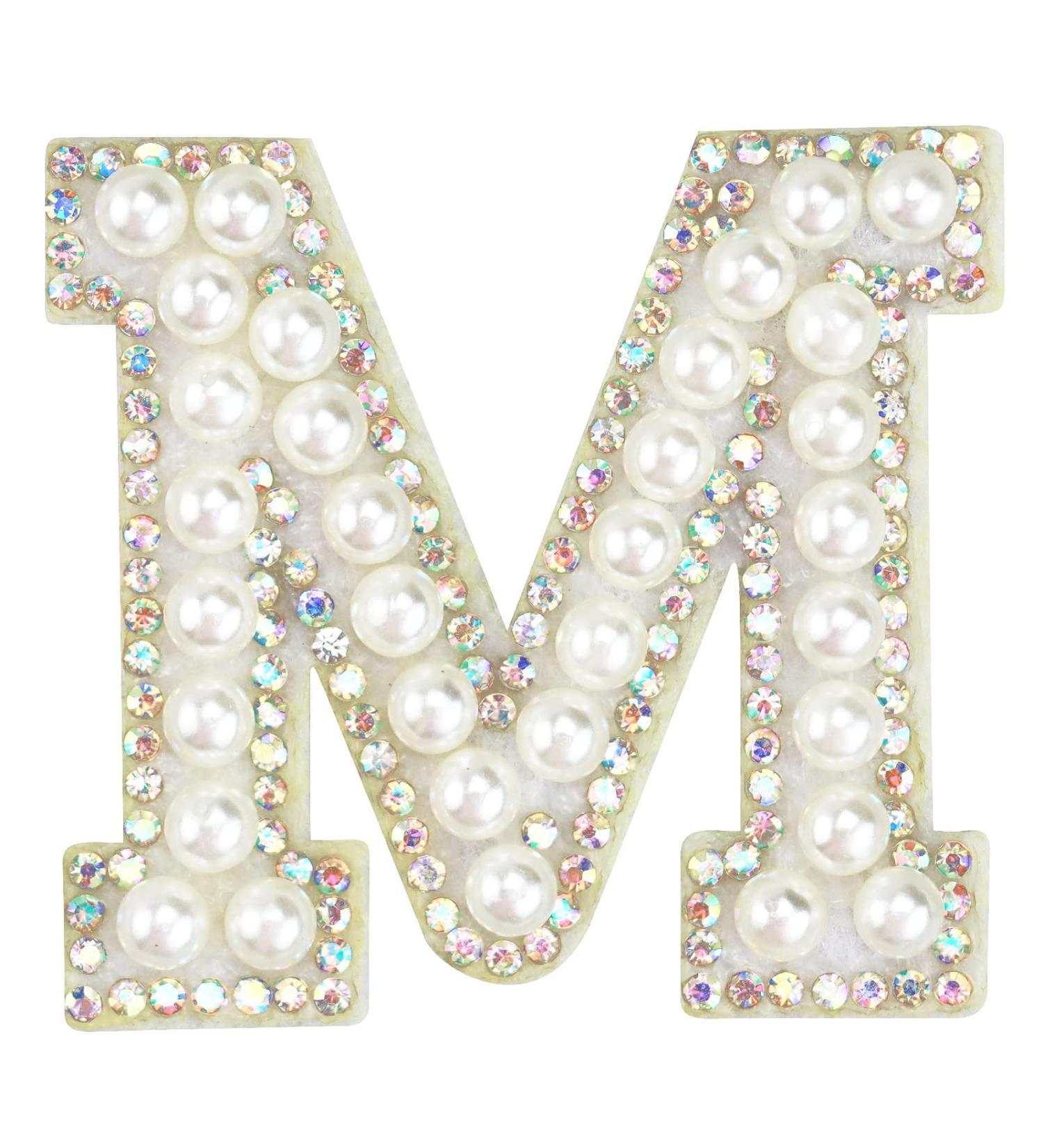 Sparkly Rhinestone & Pearl Iron-On Patch - M White | DIY Alphabet Applique for Clothing - Buy Online on SooperMarket.com