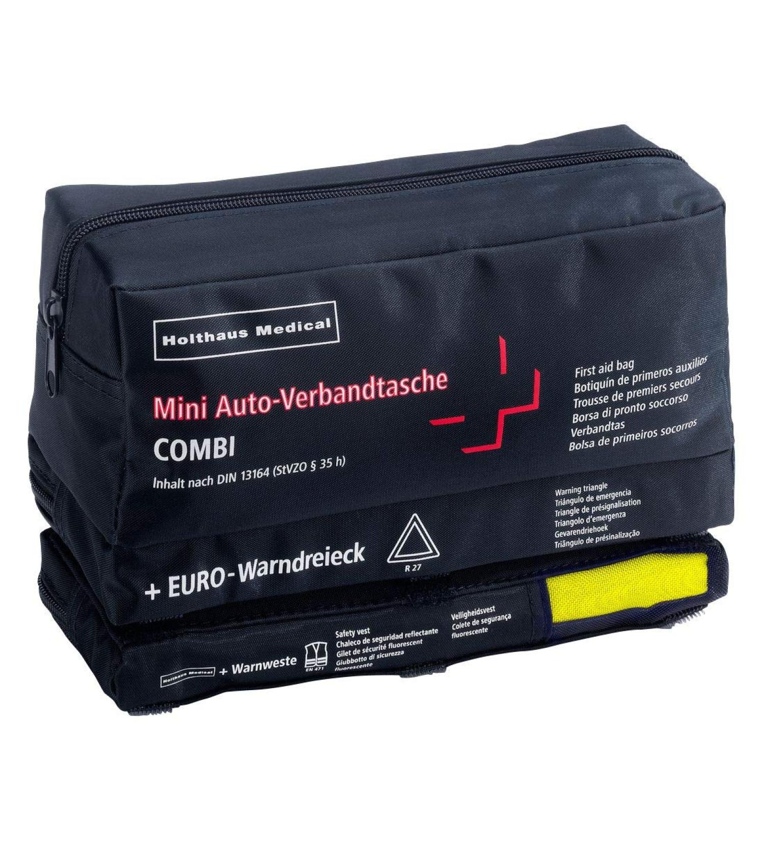 Car first aid kit "Mini 3 in 1" with zipper and Velcro fasteners DIN 13164 with warning triangle and safety vest blue