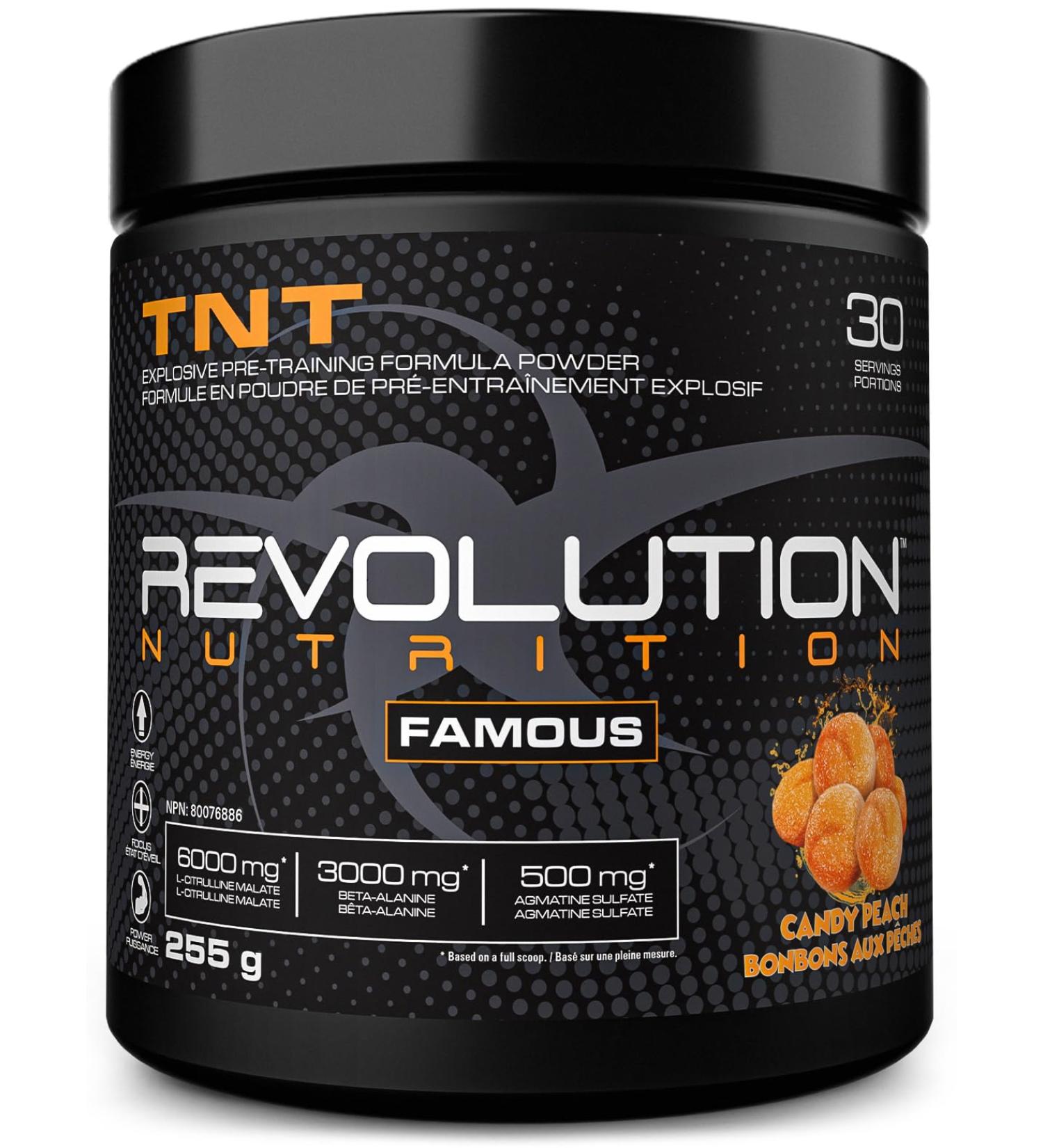 Revolution Nutrition TNT Pre-Workout Powder Pumps & Strength Extreme Intensity Hyper Concentrate Citrulline Malate 2:1 Beta Alanine Agmatine Sulfate Caffeine For Men & Women 255g 30 Servings (Candy Peach 0.56 Pound) - Buy Online on SooperMarket.com