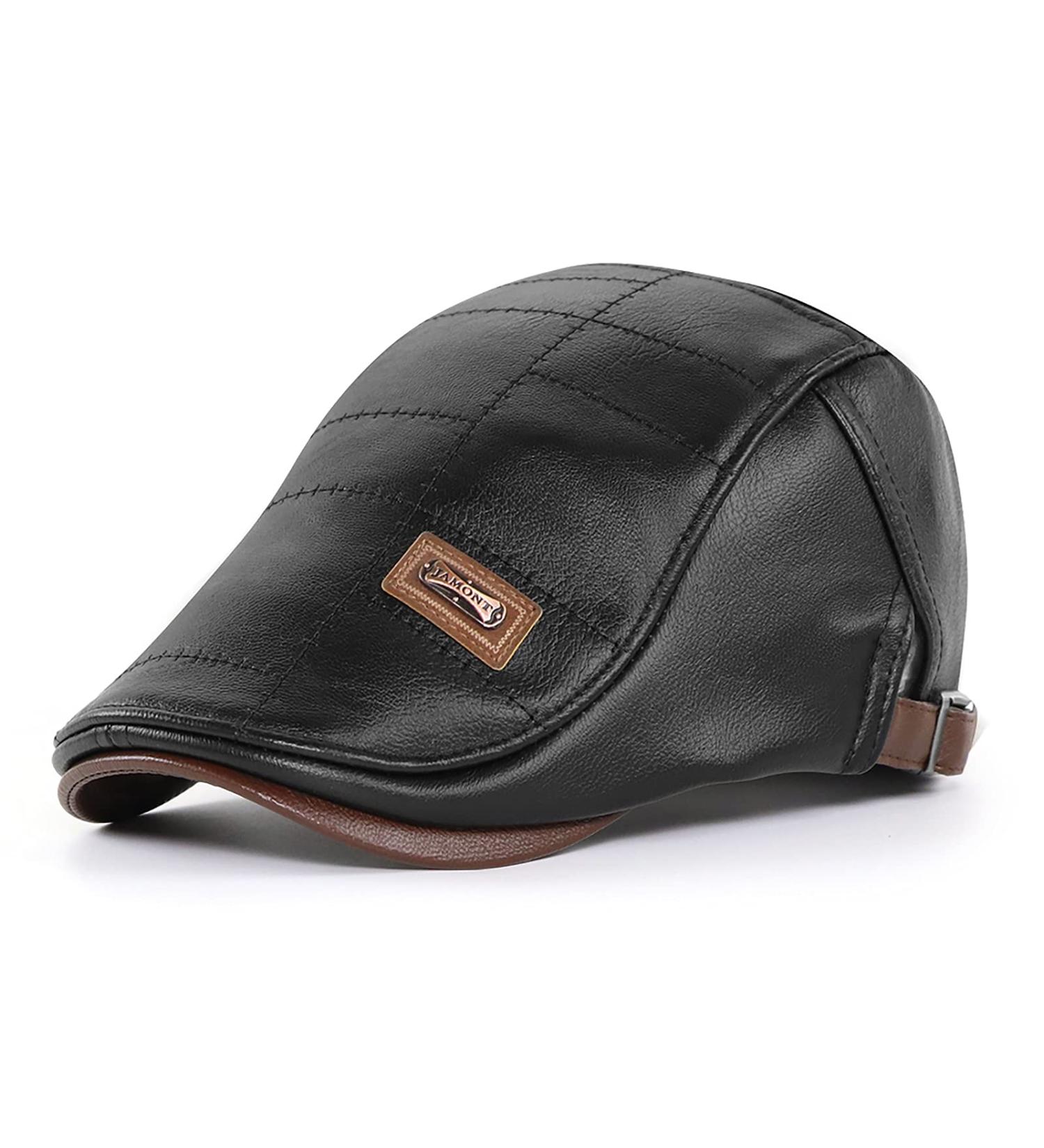 Men's Adjustable PU Leather Ivy Cap - Classic Golf Flat Cap for Driving and Fishing - Black - Buy Online on SooperMarket.com