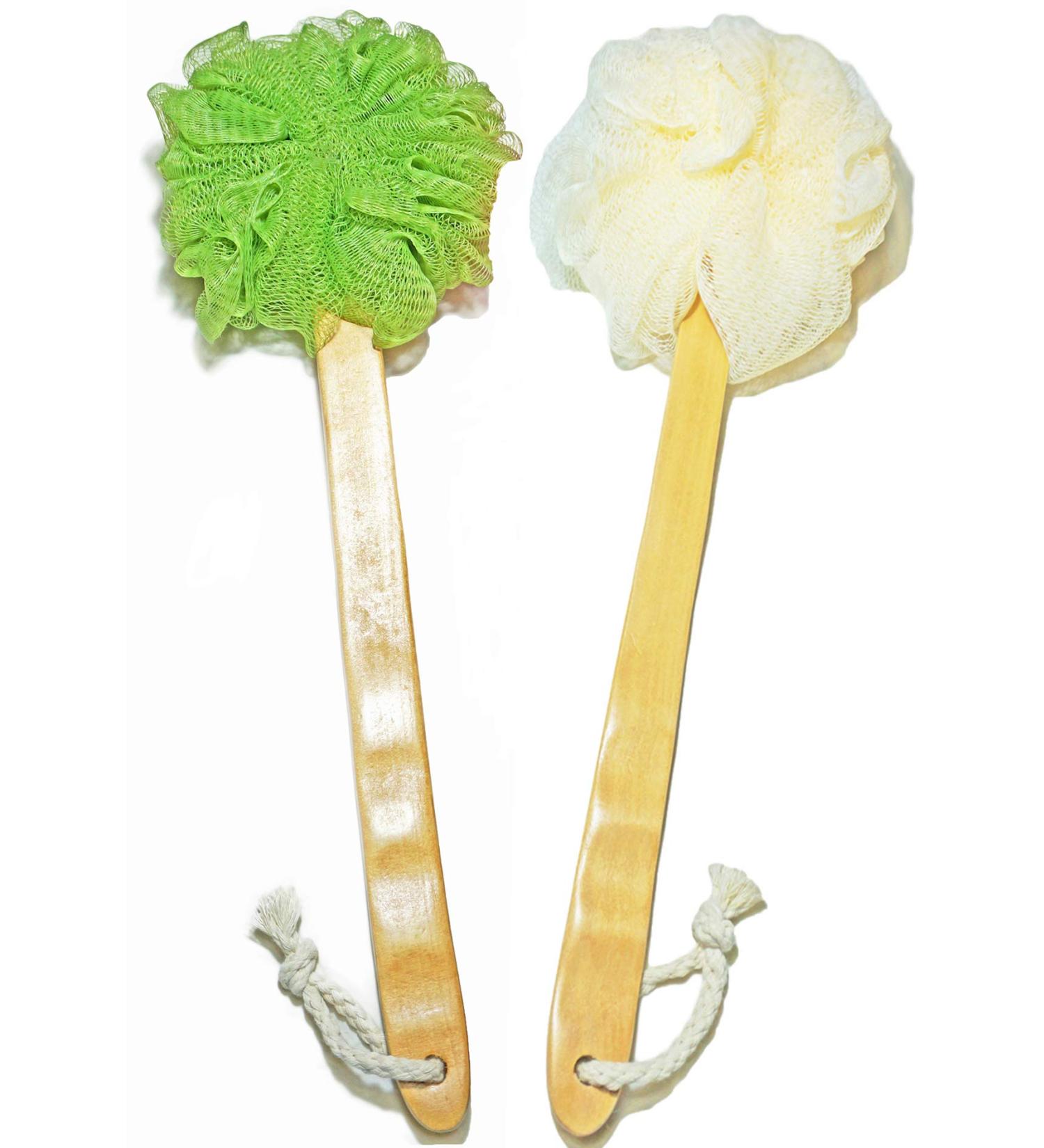 Shower Loofah Body & Back Scrubber - Exfoliating Bath Brush | Long Wooden Handle For Men & Women | 2 Pack - White & Green - Buy Online on SooperMarket.com