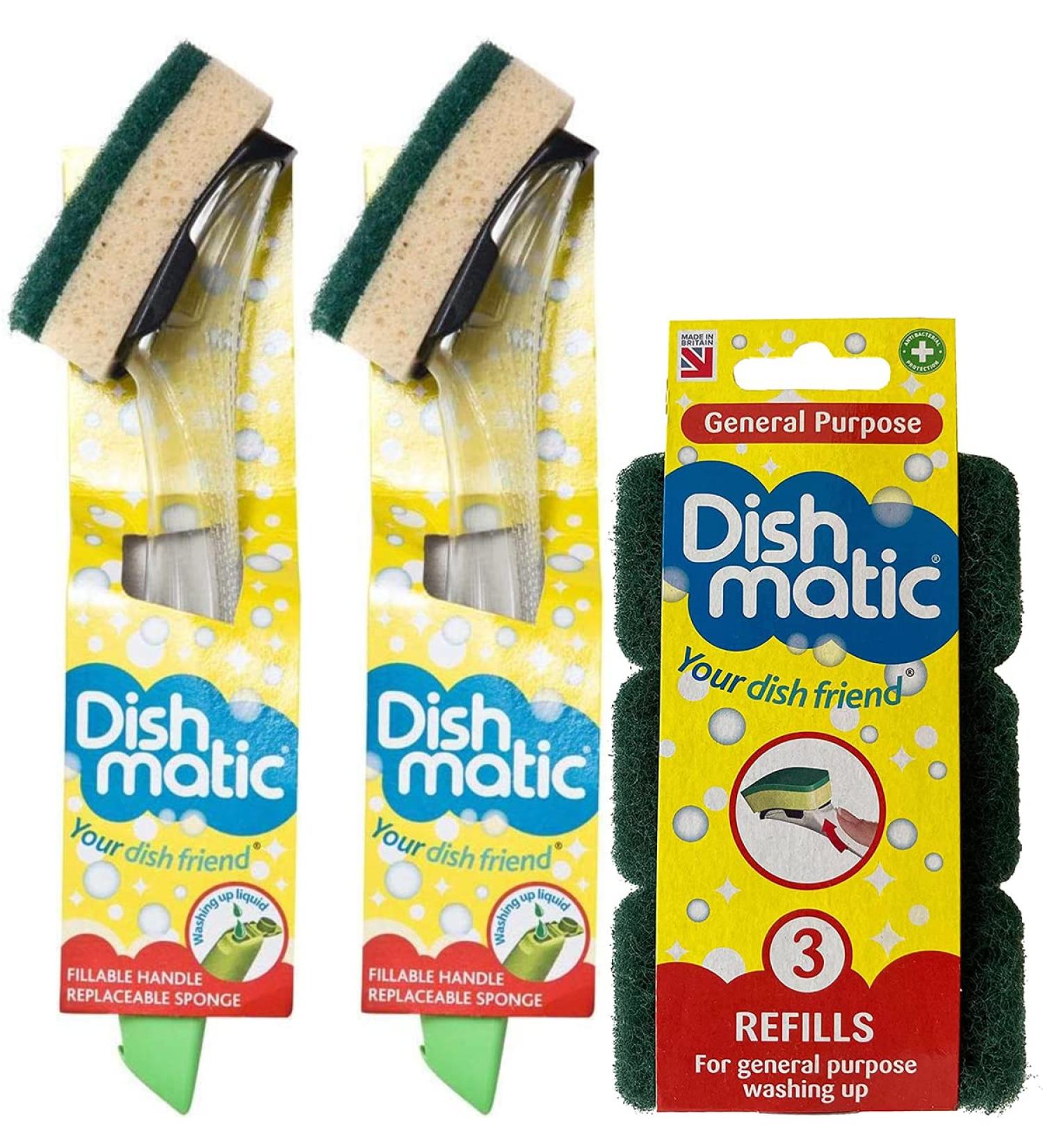 Dishmatic 2X Fillable Washing Up Brush & Sponge with 3X Refills - Easy Grip Dish Cleaner - Buy Online on SooperMarket.com