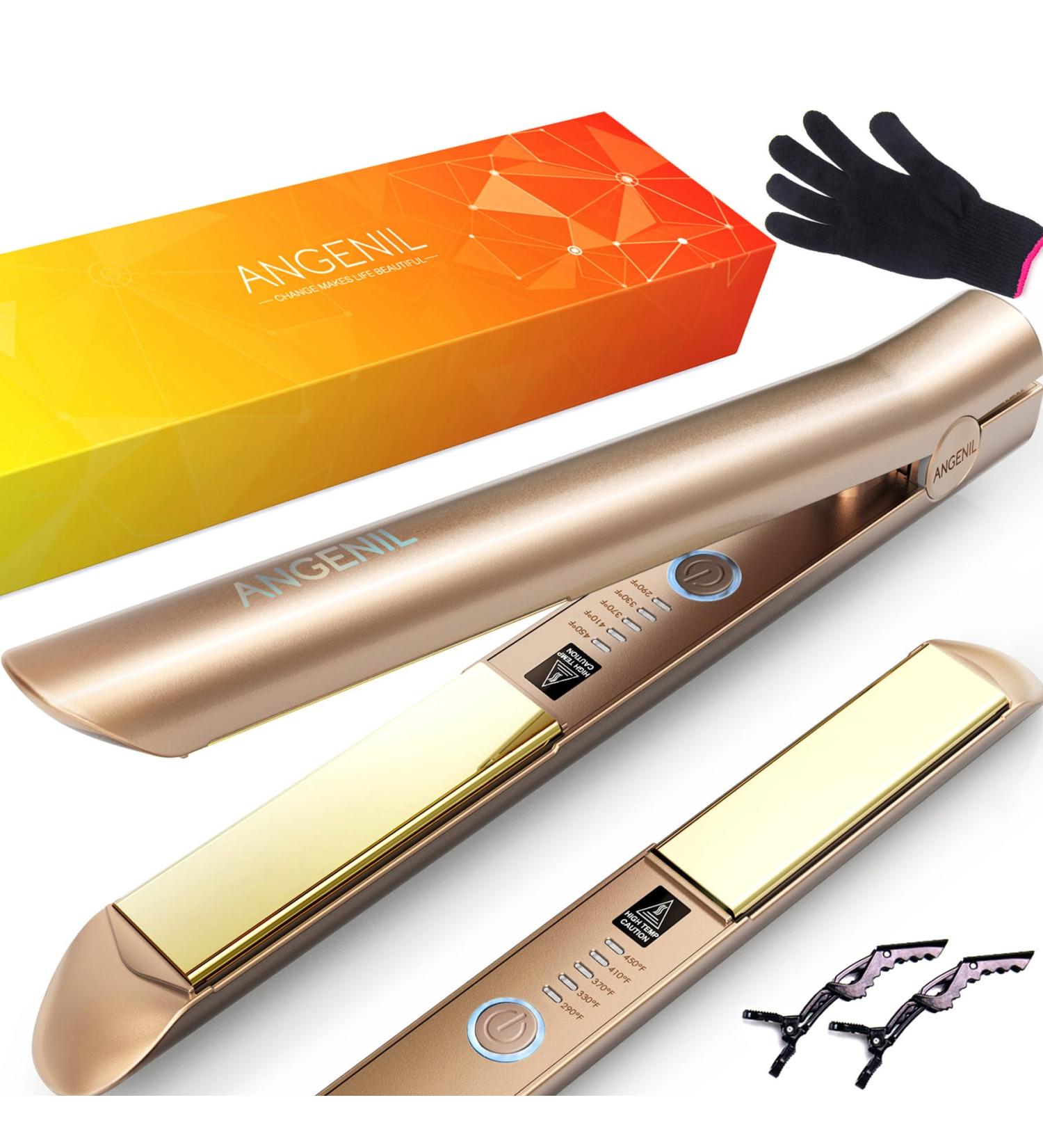 ANGENIL Nano Titanium 2-in-1 Flat Iron Hair Straightener & Curler - Fast Heating Styling Iron for All Hair Types - 1 Inch Dual Voltage - Gold - Buy Online on SooperMarket.com