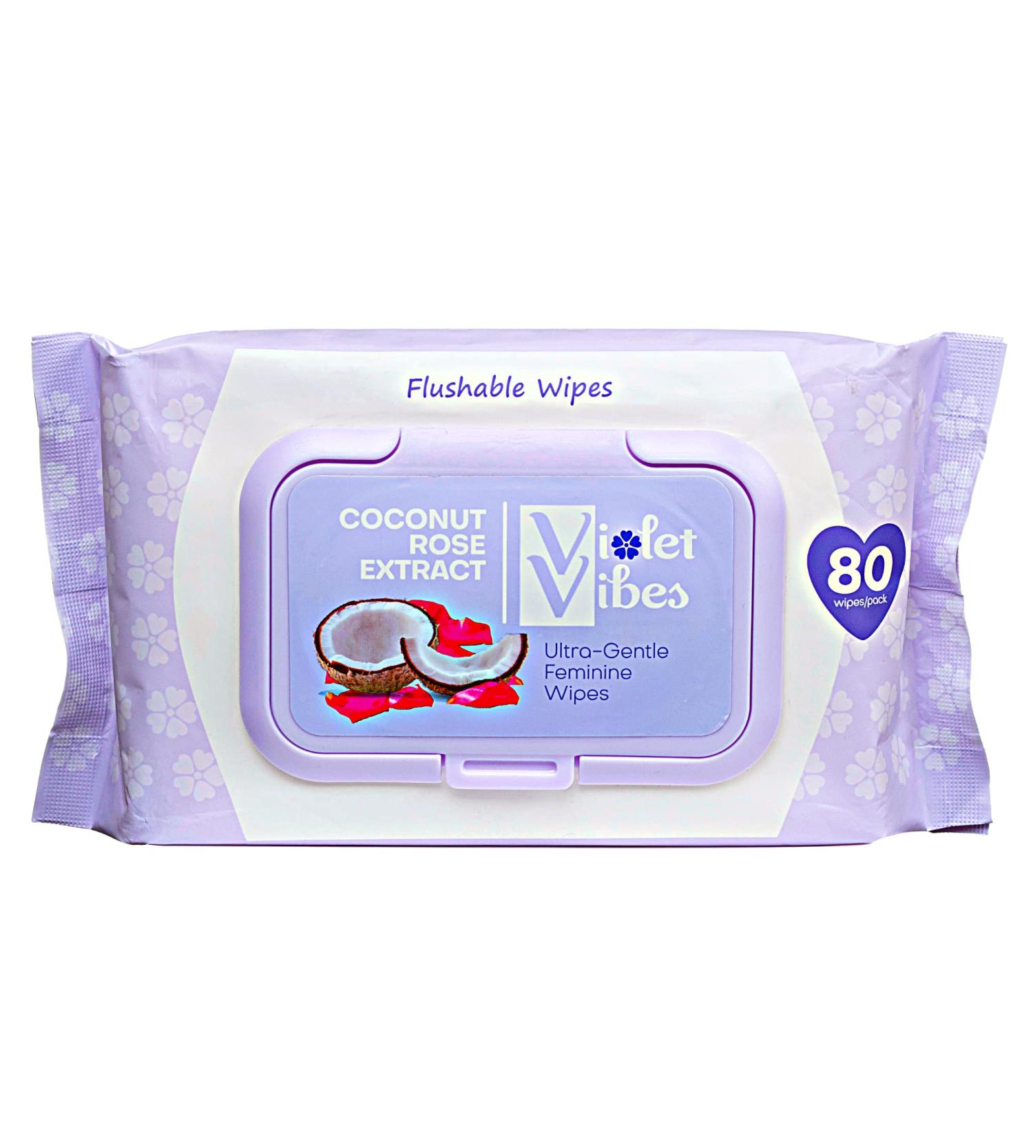 Violet Vibes Moisturizing Flushable Bathroom Wet Wipes for Women - Aloe Coconut Rose - 80 ct Pack - Buy Online on SooperMarket.com