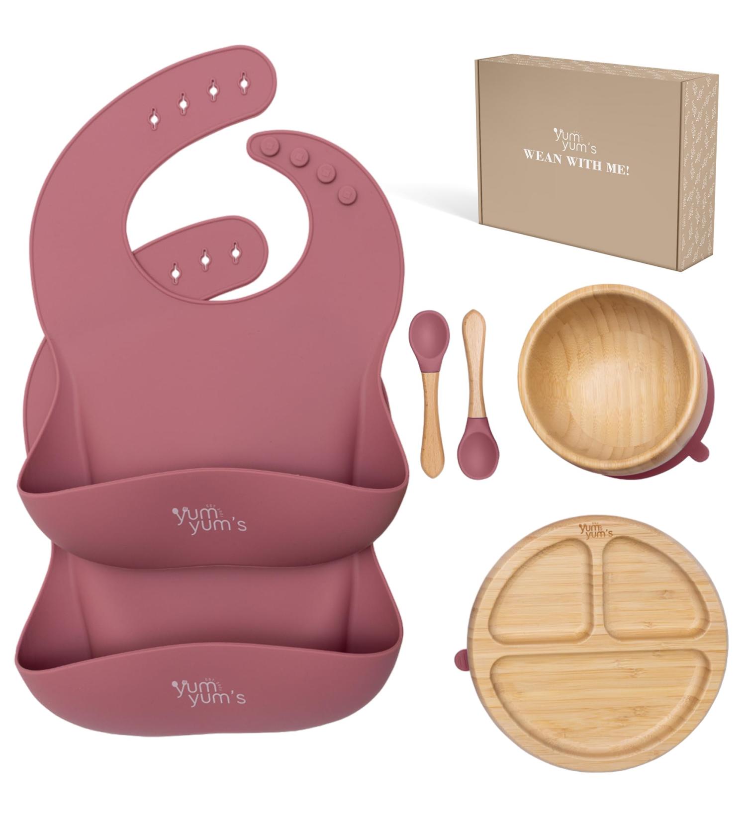 Yum Yum's Set of 6 Baby Feeding Set - Suction Bamboo Plates, Bowl, Wooden Spoons, Bibs | Kids Pink Weaning Set - Buy Online on SooperMarket.com