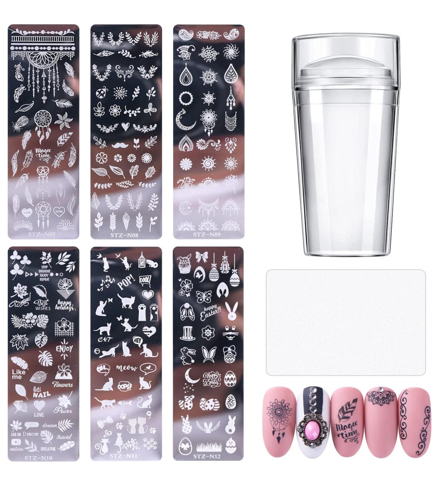 6-Piece Nail Art Plates Set - Stamping Stencils with Transparent Stamper & Scratch Tool | Plant & Animal Motifs for DIY Manicure - Buy Online on SooperMarket.com
