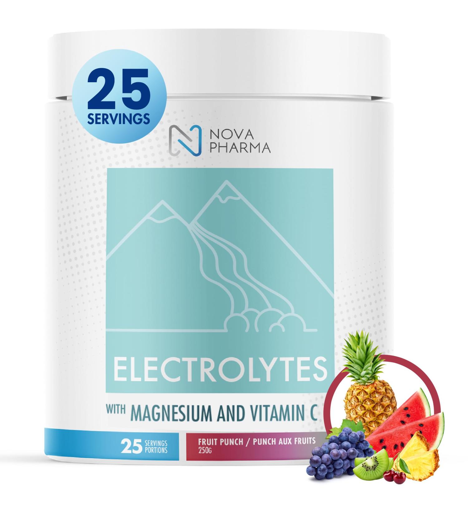 Nova Pharma Electrolytes Powder Amino Acids Supplement - Hydrates Builds Muscle Mass & Boosts Workout Performance Vegan Caffeine-Free Zero Sugar No Artificial Flavor/Color/Sweetener - 25 Servings Fruit Punch - Buy Online on SooperMarket.com