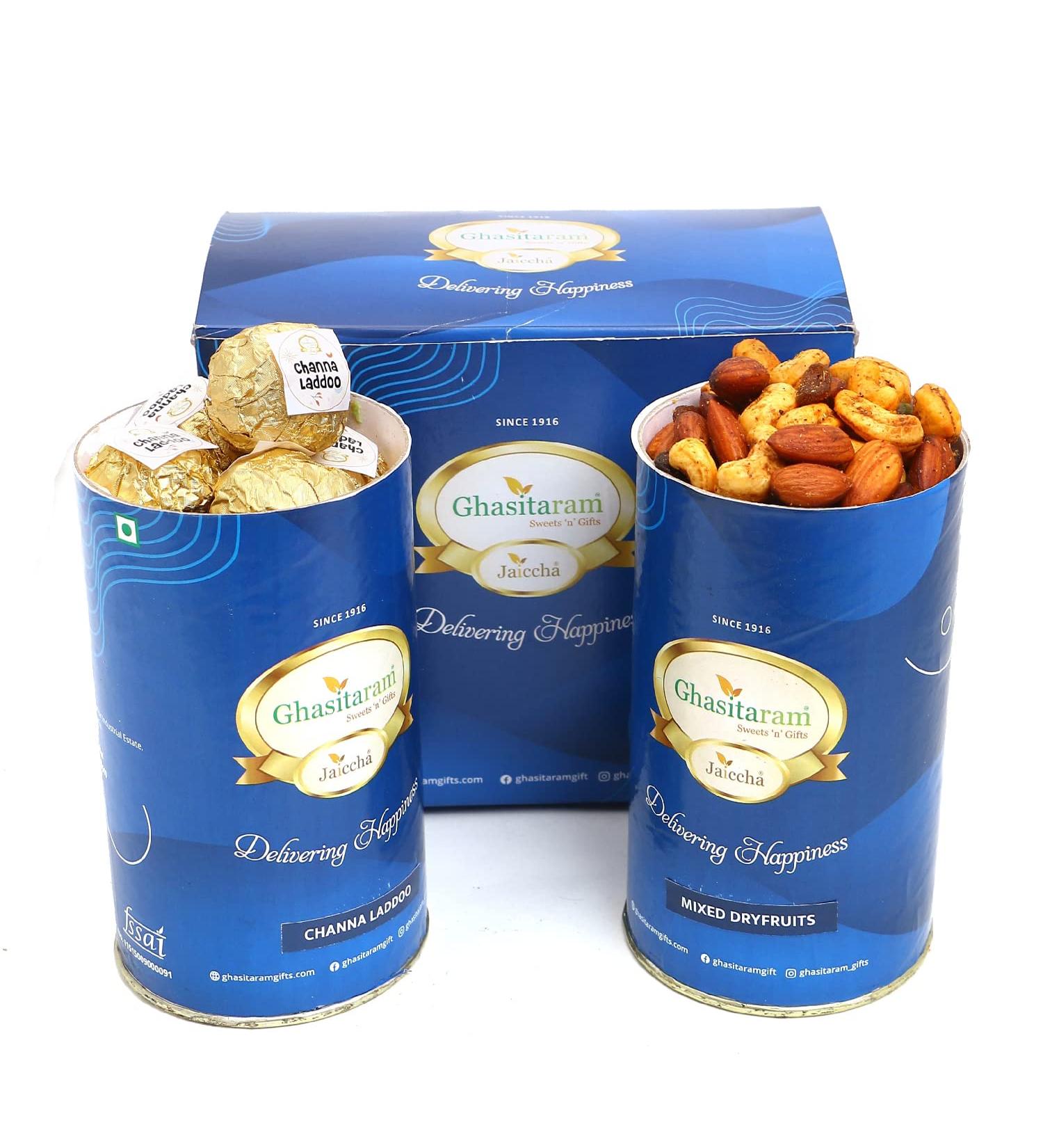 Jaiccha Ghasitaram Channa Laddoo and Mix Dryfruits Cans|Gift for Diwali Gifts Holi Rakhi Valentine Christmas Birthday Anniversary Her Him| - Buy Online on SooperMarket.com