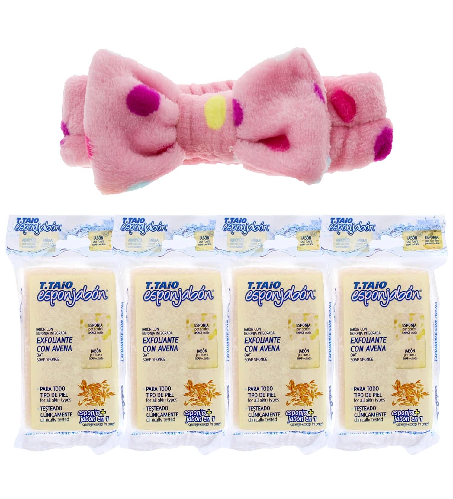 T. Taio Esponjabon Skin Lightening Oatmeal Exfoliating Soap Sponge (Avena) Pack of 4 Bundle with Premium Penguin Spa Bow Headband(s)- Designs May Vary. Perfect for Valentine's Day.