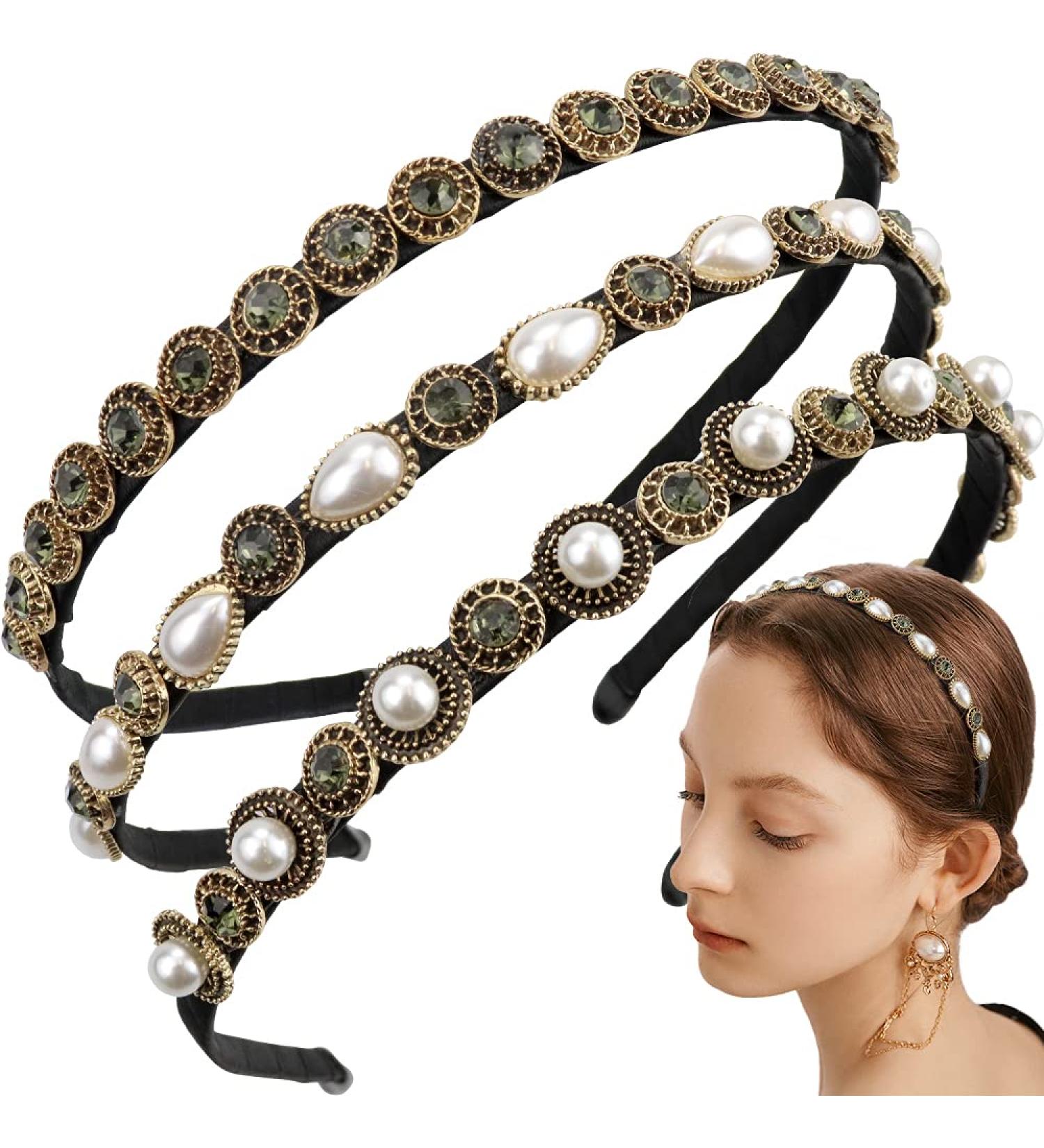 NAIHOD 3 Pcs Pearls Rhinestones Thin Headbands for Women - Luxury Vintage Hair Bands - Buy Online on SooperMarket.com