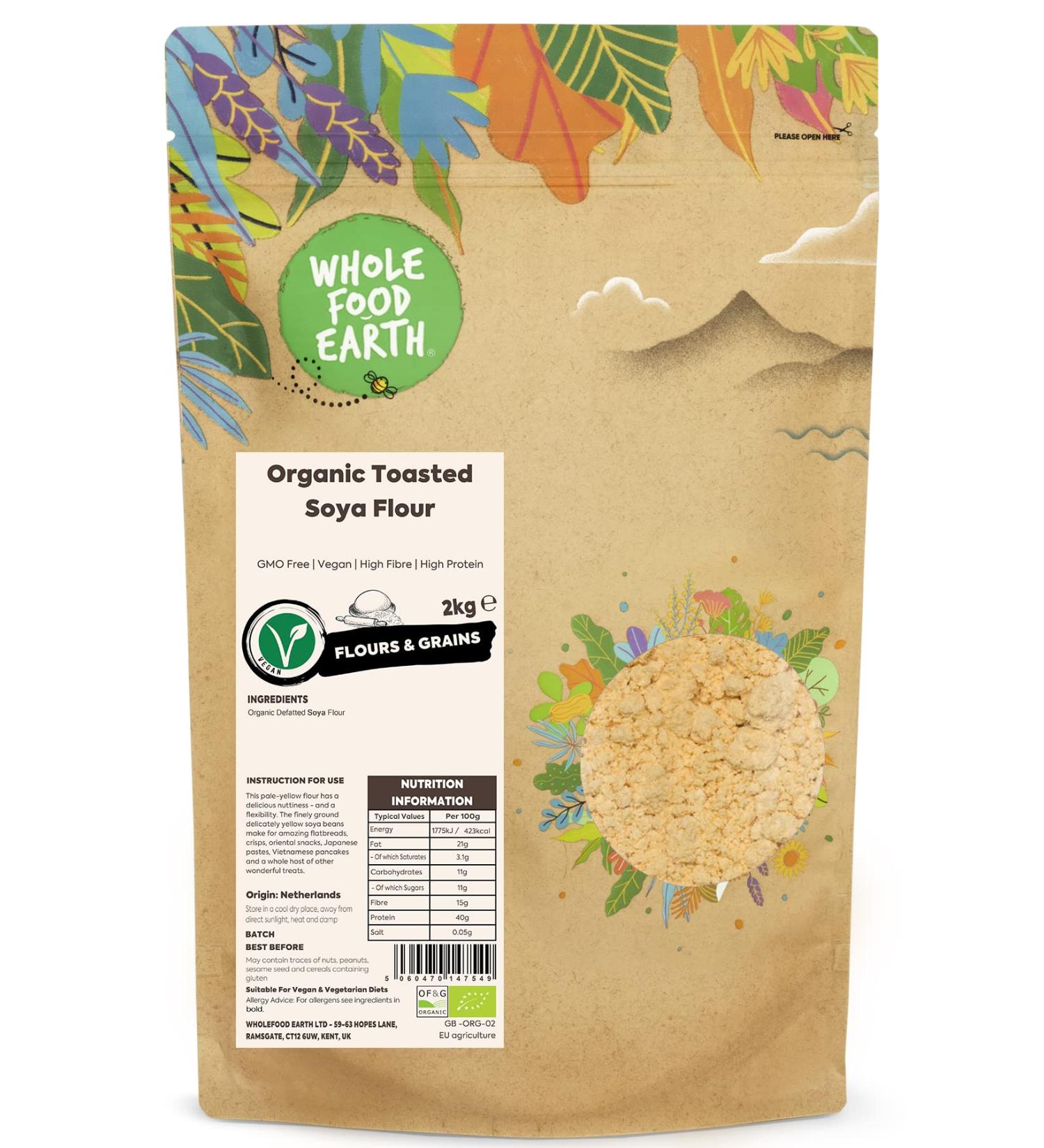 Wholefood Earth Organic Toasted Soya Flour 2kg - GMO Free, Vegan, High Fibre, High Protein - Certified Organic - Buy Online on SooperMarket.com