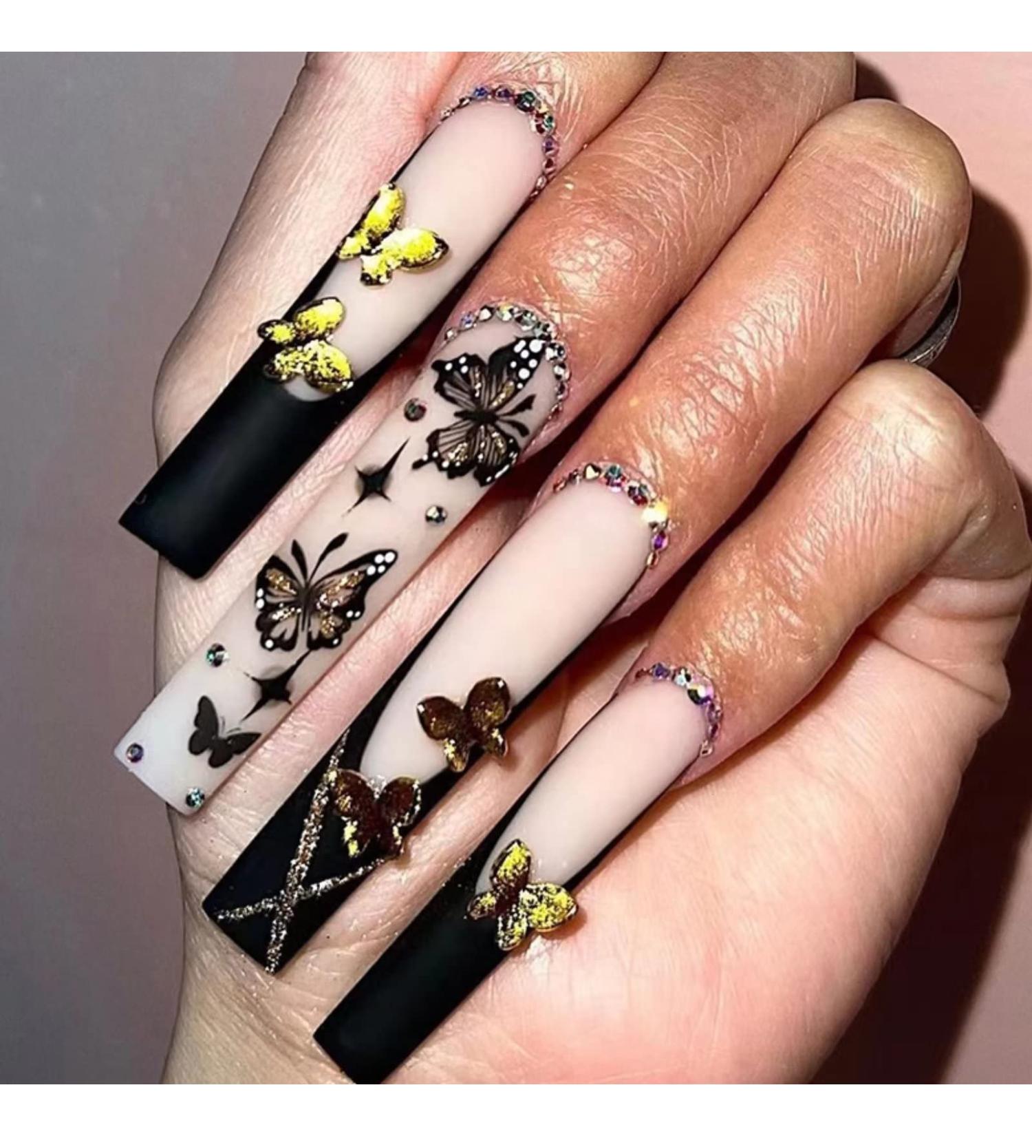 Runrayay Black Butterfly Press-On Nails for Women & Girls | Long Full-Cover Nail Tips with Nail Fans | Festival & Salon Quality - Buy Online on SooperMarket.com