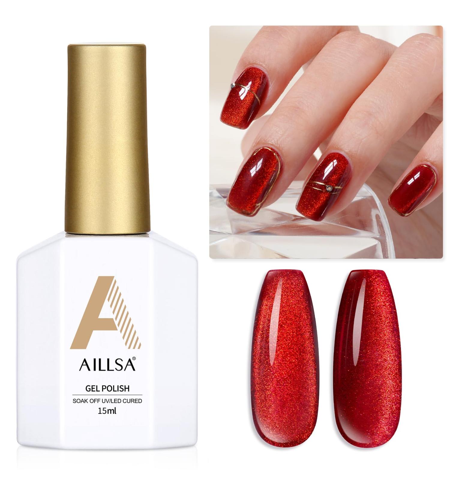 AILLSA Red Cat Eye Gel Polish - Burgundy Glitter & Crystal UV Nail Polish Holographic Reflective Color for DIY Nail Art (0.5 OZ - Buy Online on SooperMarket.com