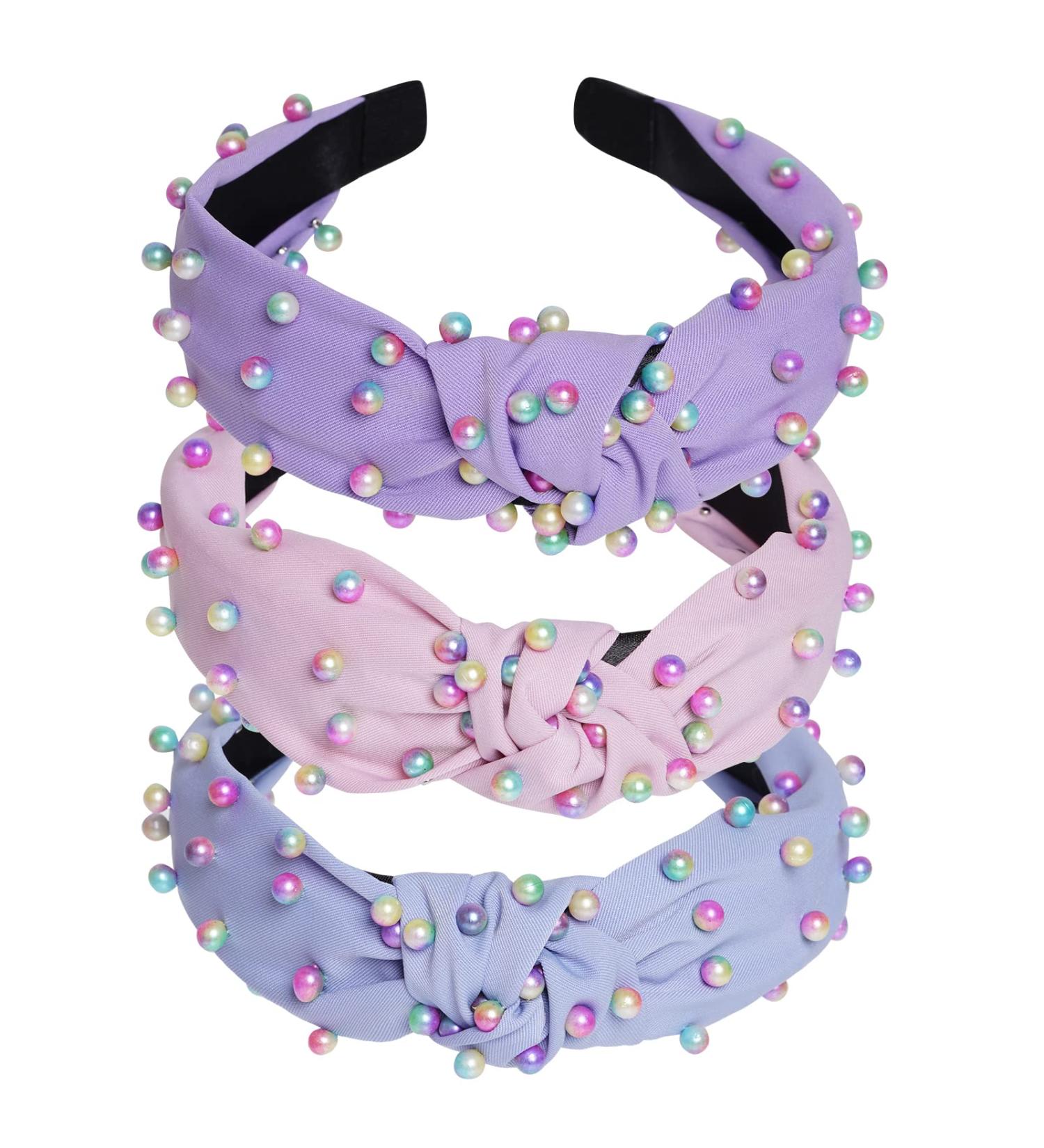 Sucrain 3 Pcs Colorful Pearl Knotted Headbands for Women & Girls - Jeweled Gem Embellished Hair Accessories (Pink Blue Purple) - Buy Online on SooperMarket.com