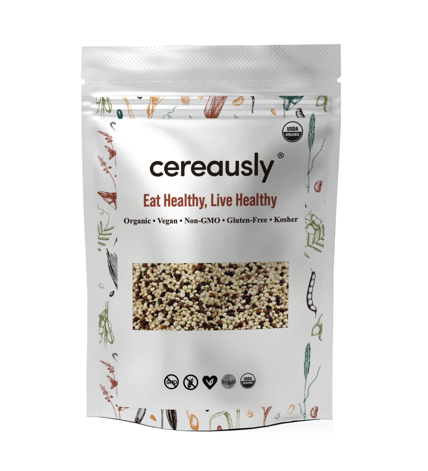 CEREAUSLY Organic Tri-Color Quinoa 4 Lb - Bolivian Royal NON-GMO Kosher Gluten-Free Vegan - Buy Online on SooperMarket.com
