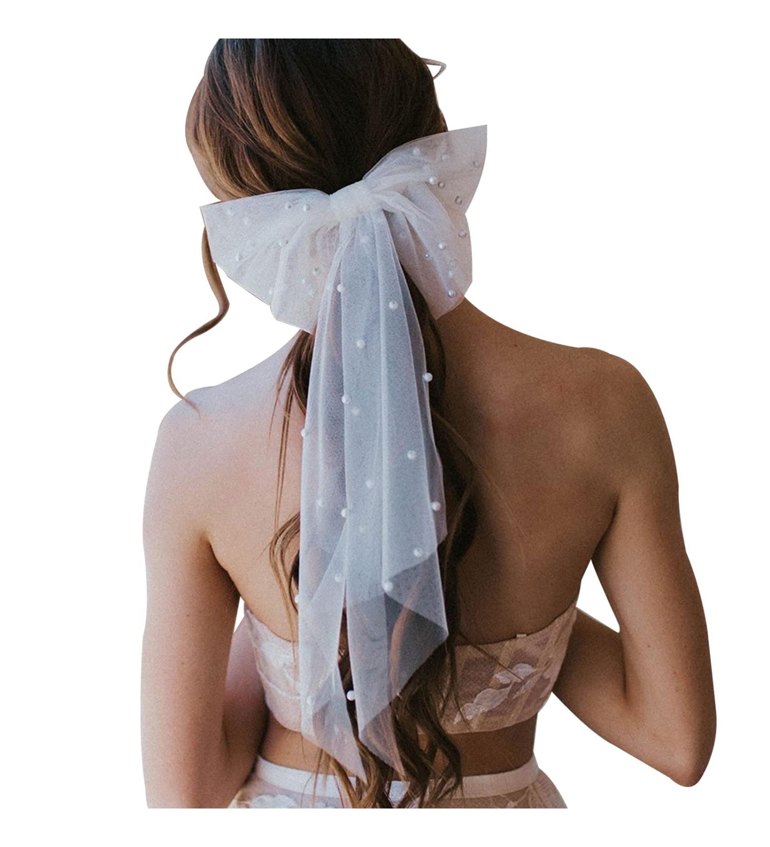 Bridal Hair Bow Veil with Pearl Barrette - Wedding & Bachelorette Party Decorations - Buy Online on SooperMarket.com