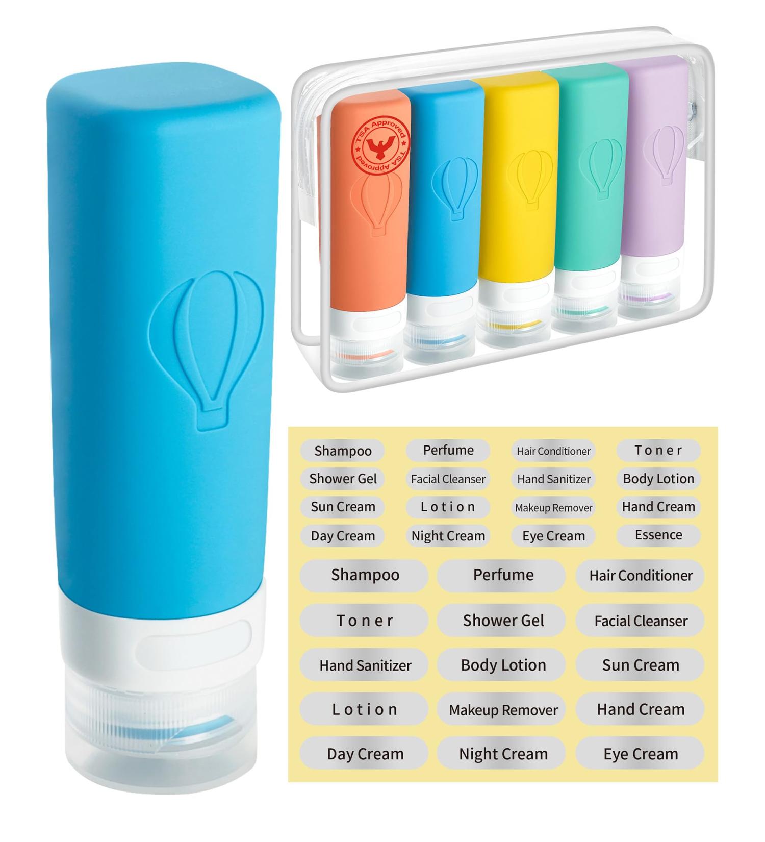 Upgrade Your Travel: Leak-Proof 5-Pack Toiletry Bottles & TSA Approved Bag - Colorful Labels Included - Buy Online on SooperMarket.com