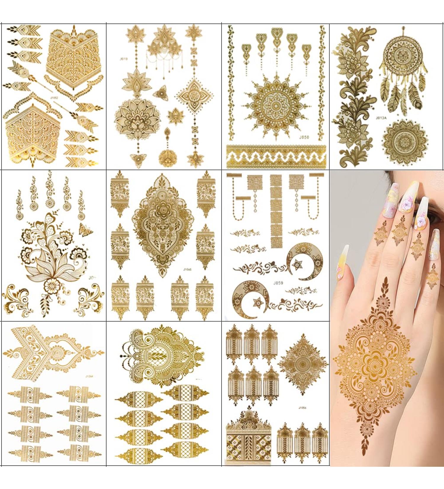 Xmasir 10 Sheets Gold Henna Tattoo Sticker - Temporary Metallic Glitter Tattoos for Women - Waterproof Indian Arabian Body Art Paint - Buy Online on SooperMarket.com