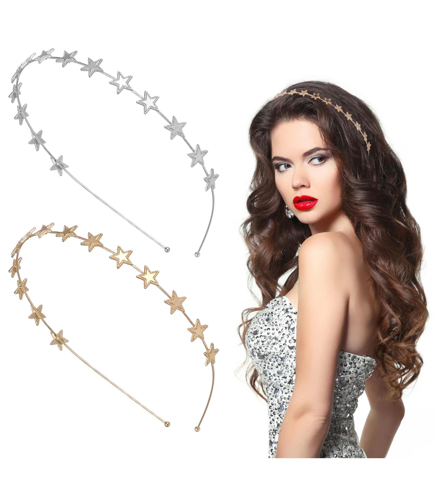 Star Rhinestone Headband Set for Women and Girls | Pearl and Crystal Wedding Headpiece | Shiny Metal Hairband (Gold/Silver) - Buy Online on SooperMarket.com