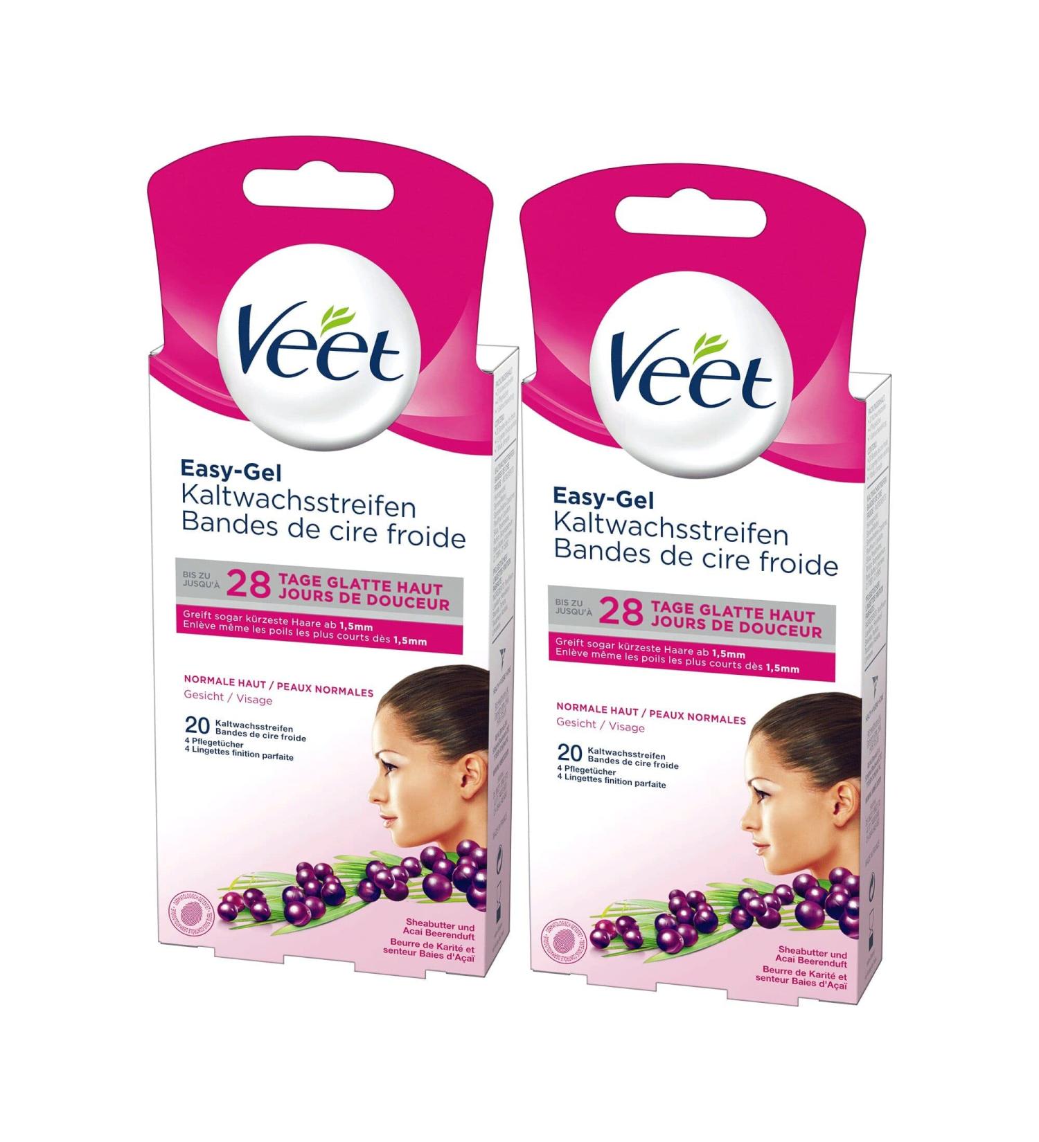 Veet Easy Gel Cold Wax Strips for Normal Skin - 20 Double Strips for 40 Applications - Up to 28 Days of Smooth Skin - Minimal Ingredients - Ideal for Face - Buy Online on SooperMarket.com