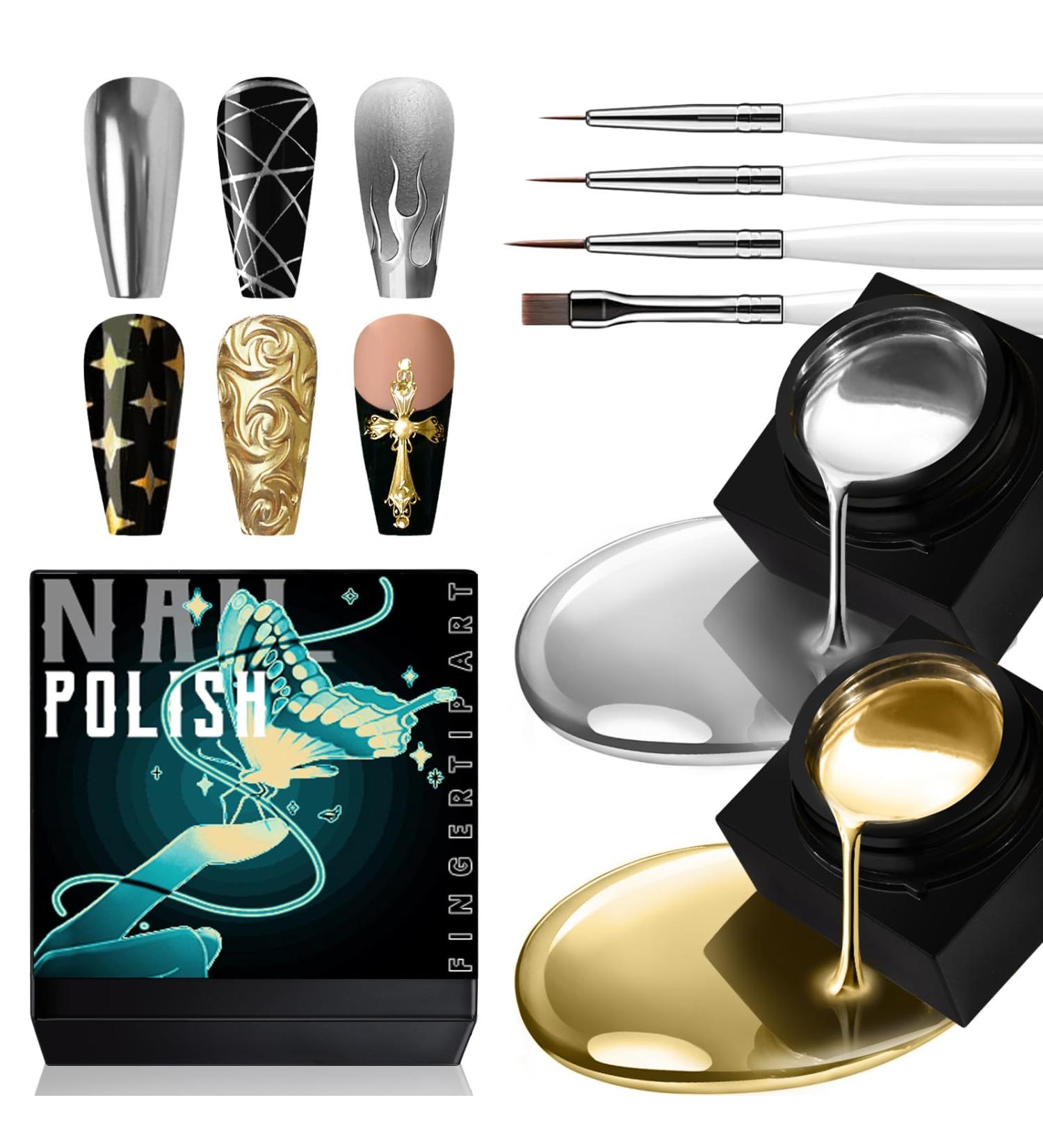 2x8ml Metallic Gel Nail Polish Kit - Glossy Mirror Silver & Gold Chrome Effect for Stunning Nail Art - Soak Off UV/LED DIY Manicure - Buy Online on SooperMarket.com